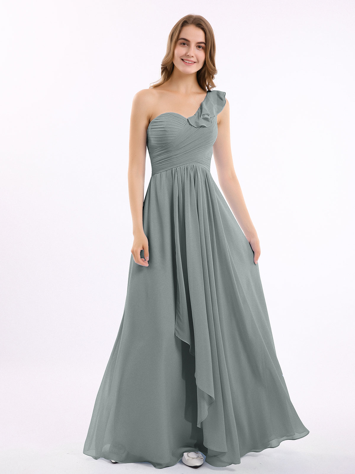 BABARONI One ruffle Shoulder Long Bridesmaid Dress Steel Grey, Steel Grey / US0