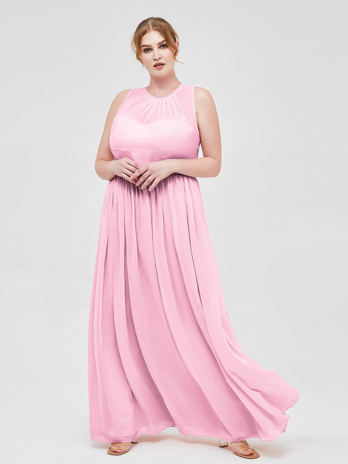 open lace back dress BABARONI Plus Size 2025 Illusion Neck Full Length Bridesmaid Dress-Candy Pink