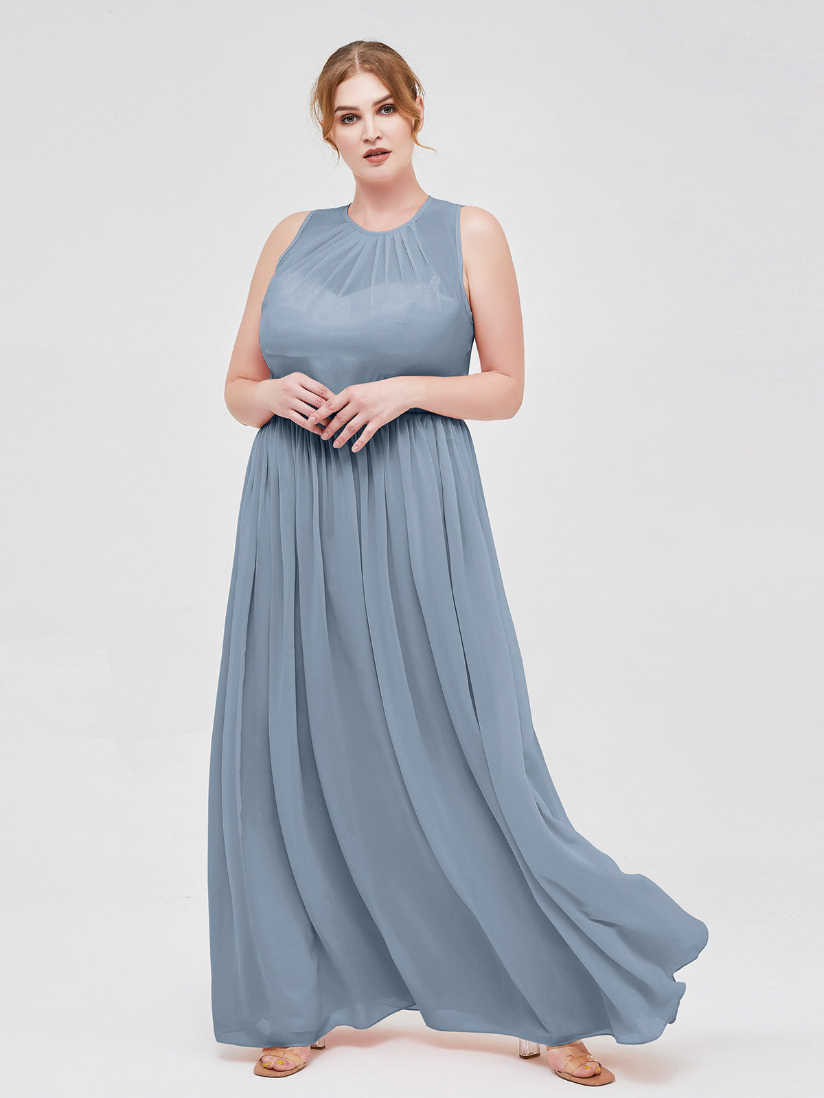 BABARONI Illusion Neck Full Length Bridesmaid Dress Dusty Blue, Dusty Blue / US0