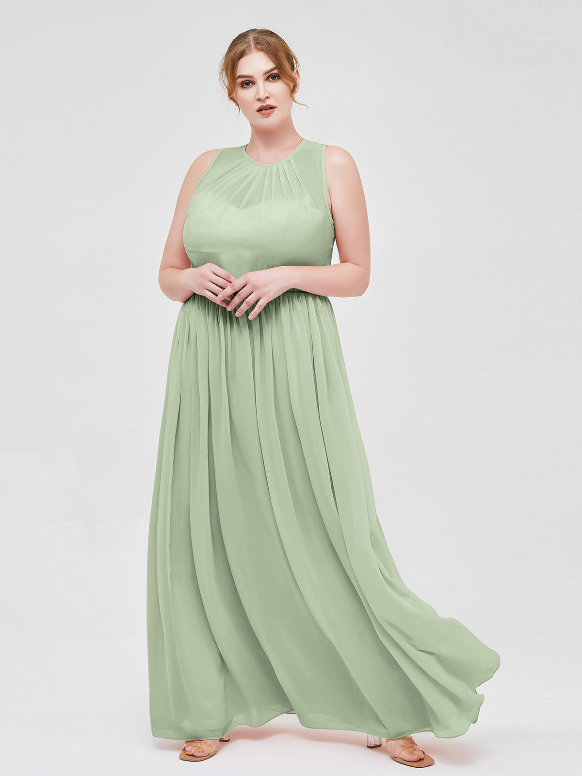 BABARONI Illusion Neck Full Length Bridesmaid Dress Dusty Sage, Dusty Sage / US0