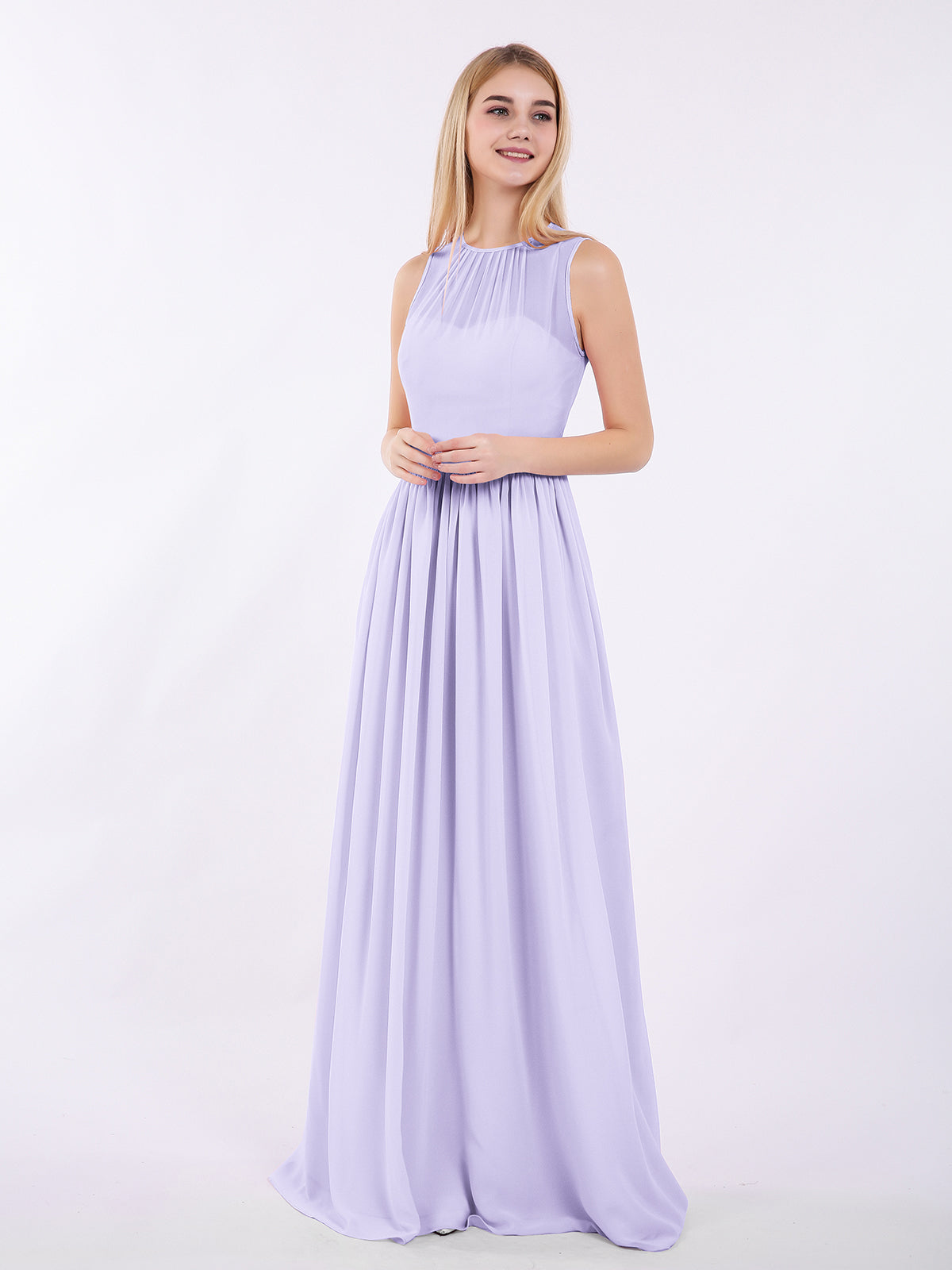 BABARONI Chiffon Lilac Bridesmaid Dresses Illusion Floor-length Sleeveless Ruched A-line BABARONI Chiffon Lilac Bridesmaid Dresses Illusion Floor-length Sleeveless Ruched A-line