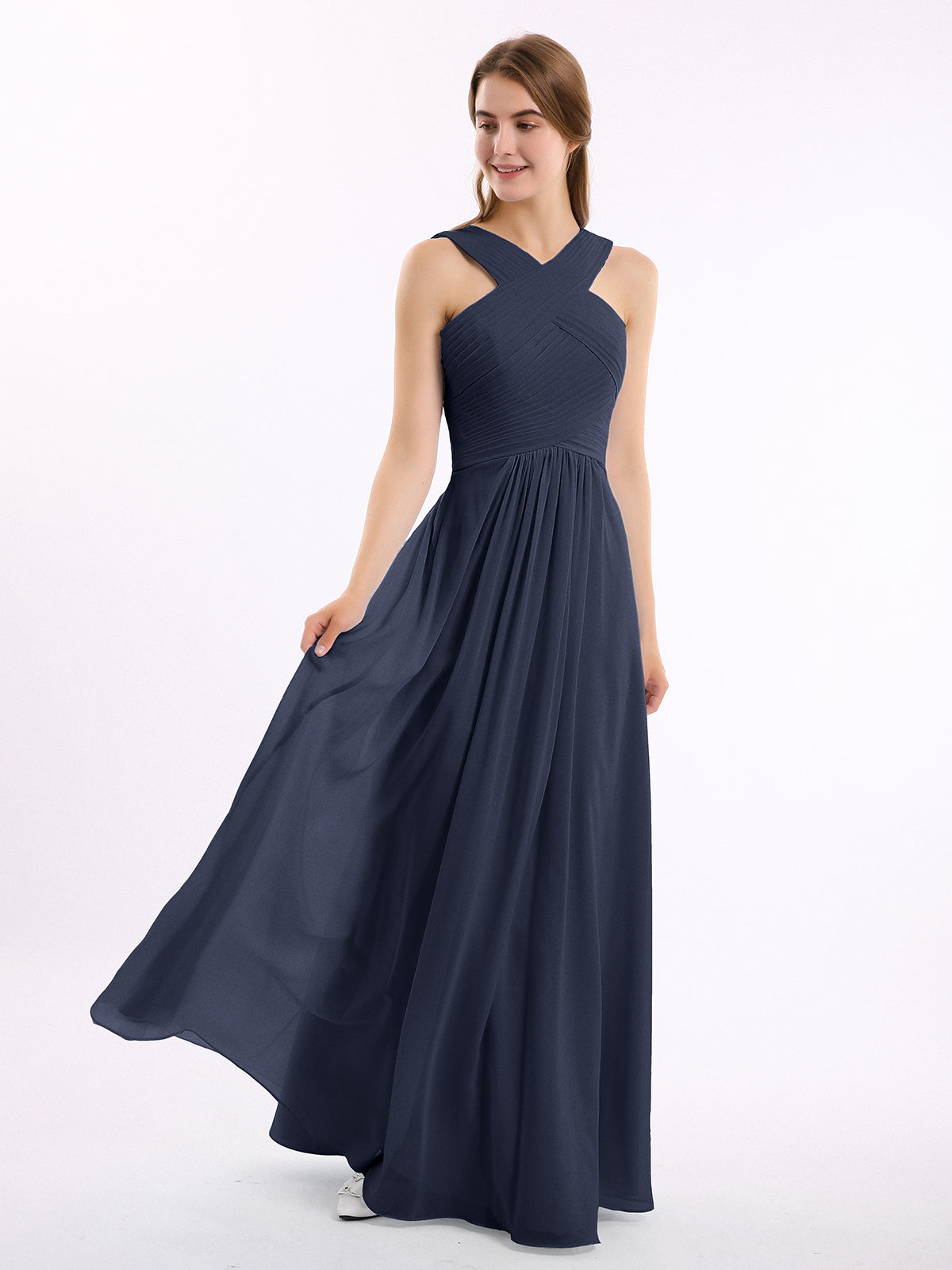 BABARONI Dark Navy Chiffon Bridesmaid Dress