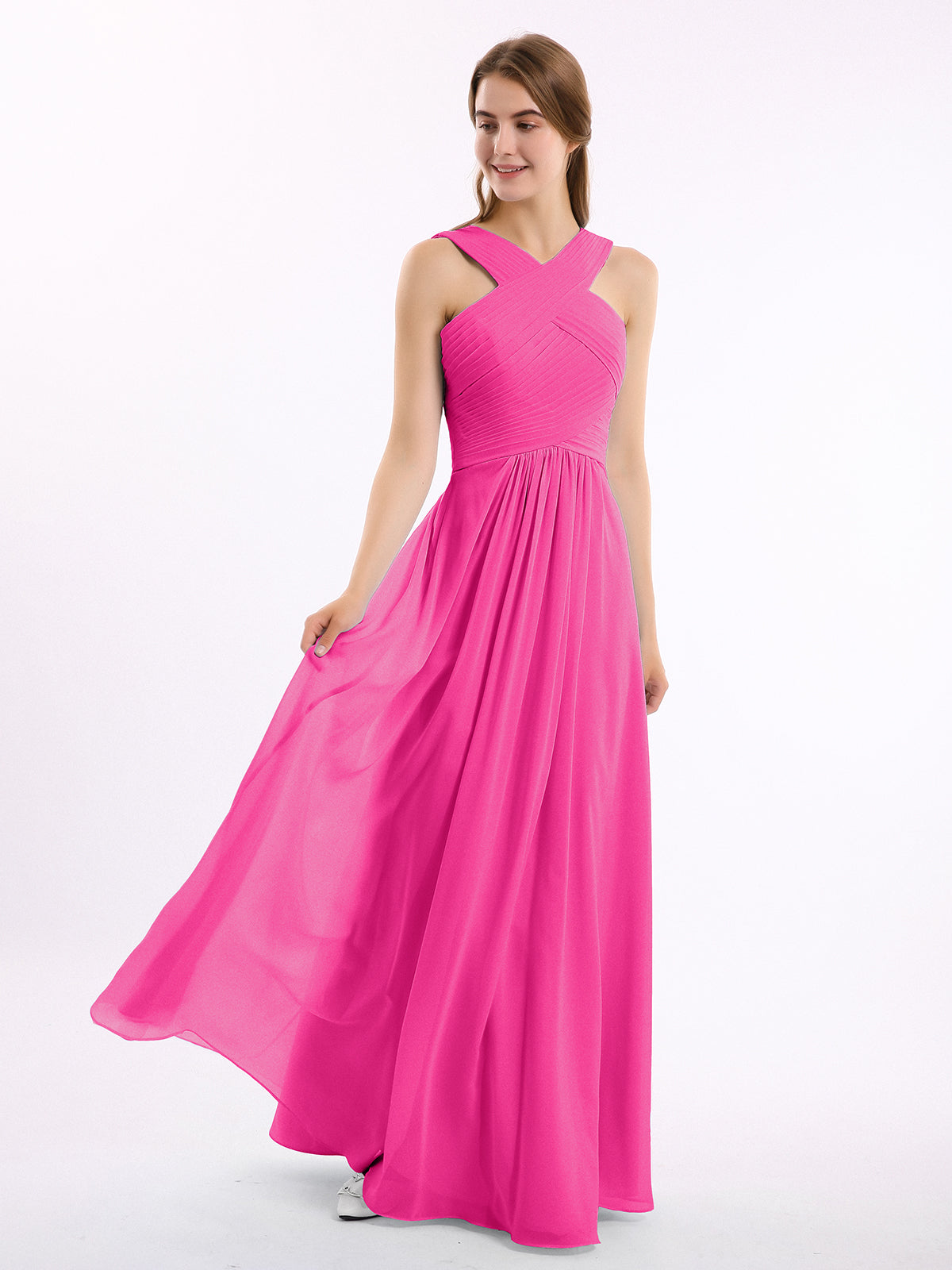 Cross Shoulder Strap Chiffon Dress with Empire Waist Brown