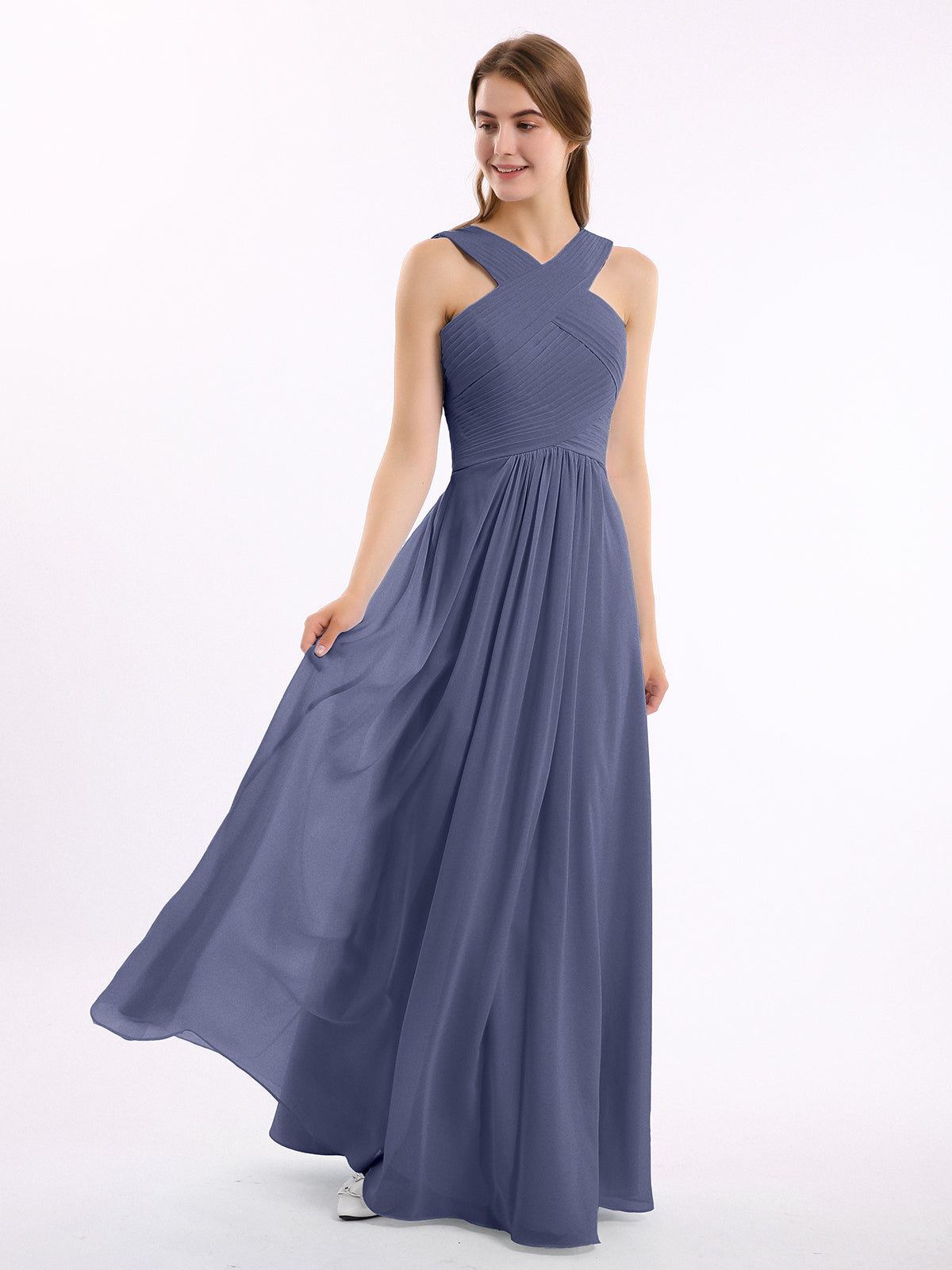 Cold-Shoulder Chiffon Empire Gown with Pockets Stormy