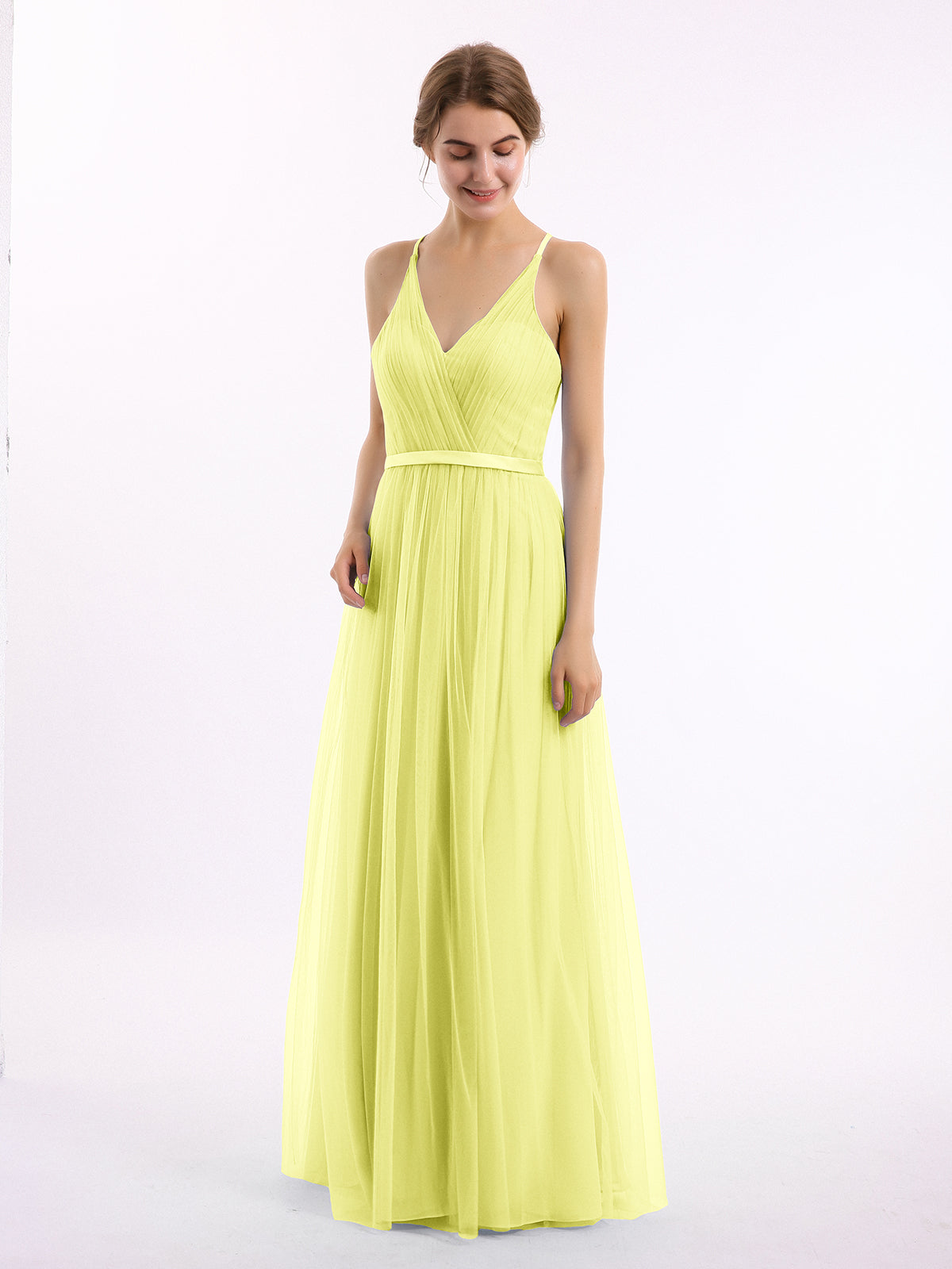 Off the Shoulder Long Tulle Gown with Sweetheart Neck Daffodil