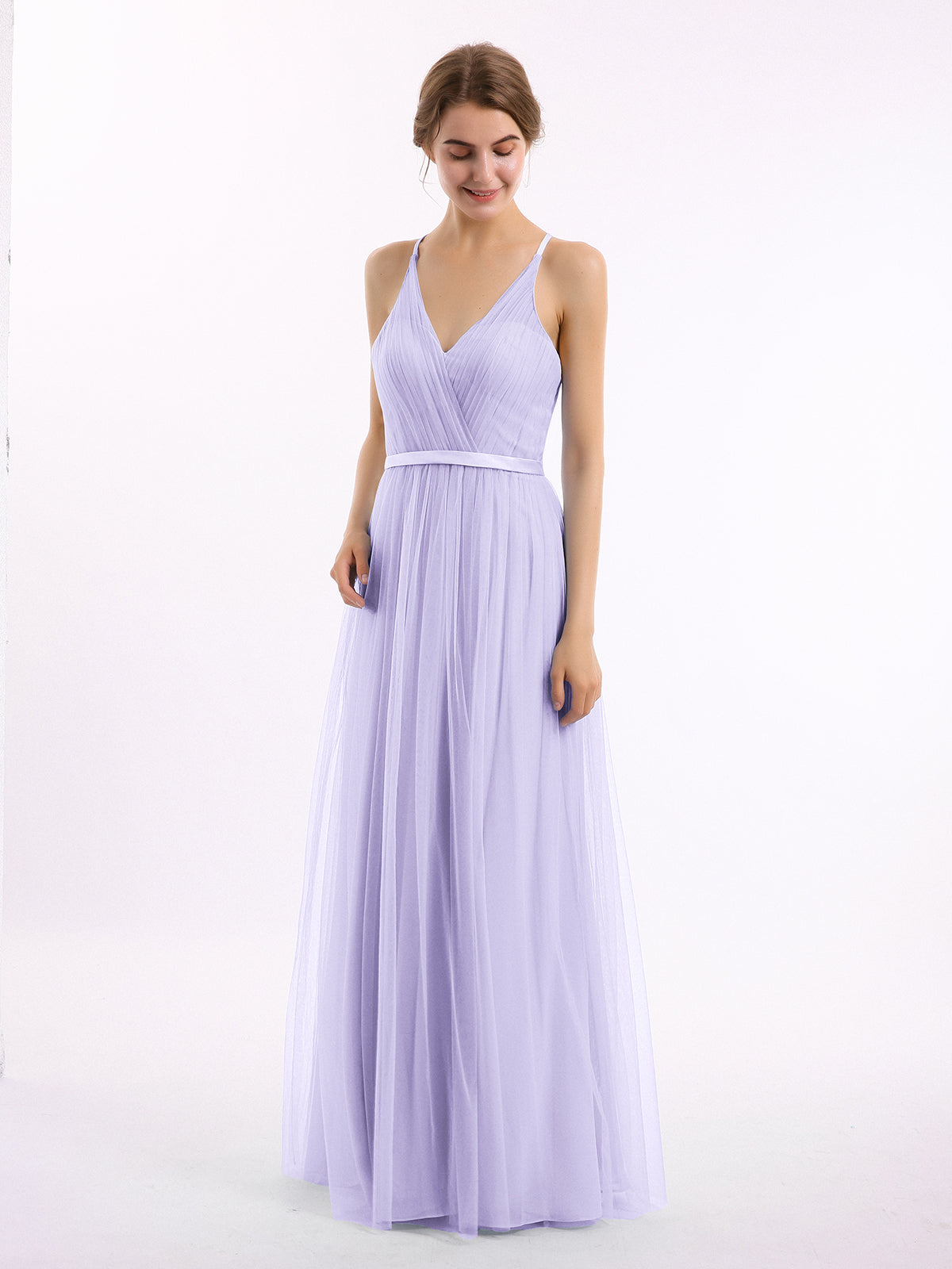 BABARONI V Neck Tulle Long Dresses with Satin Sash Lilac Plus size, Lilac / US18