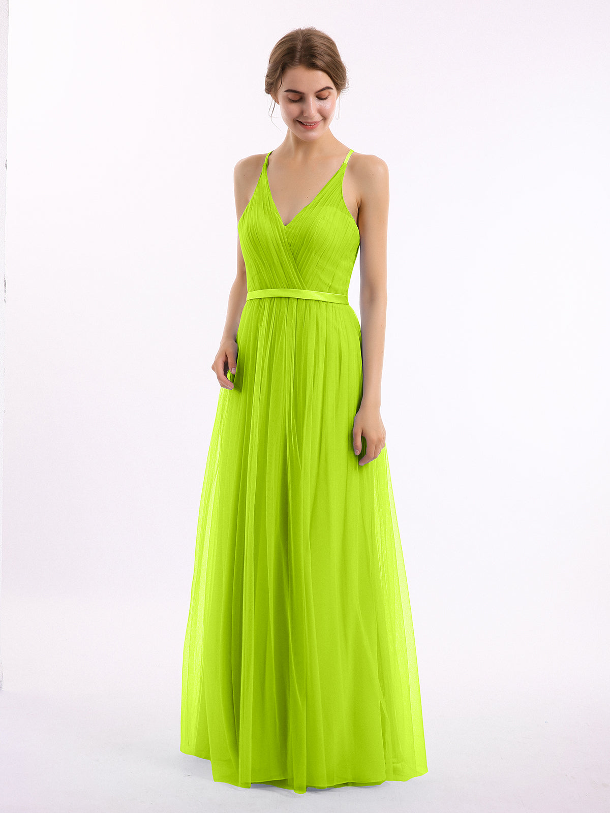 Chiffon Long Dresses with V Neckline Lime Green