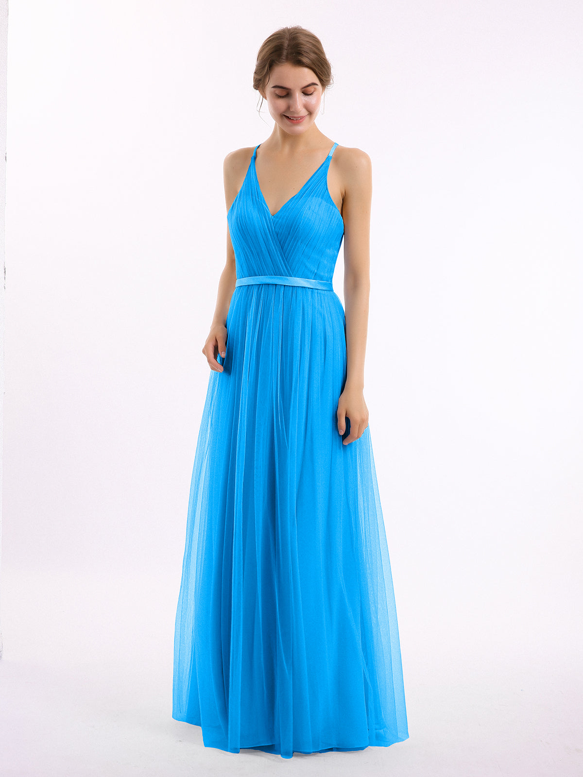 Princess V-neck Maxi Satin Dresses with Pockets Ocean Blue