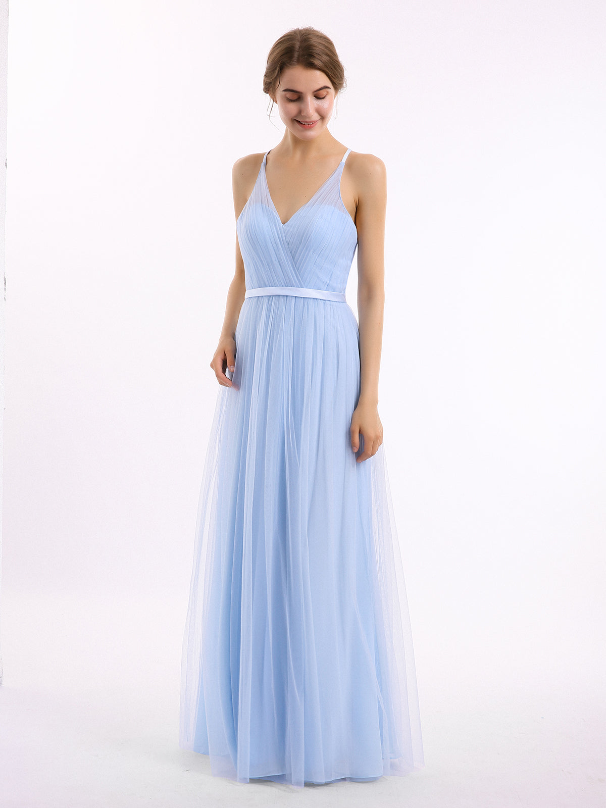Long Tulle Dress with Beaded Straps Sky Blue Plus Size