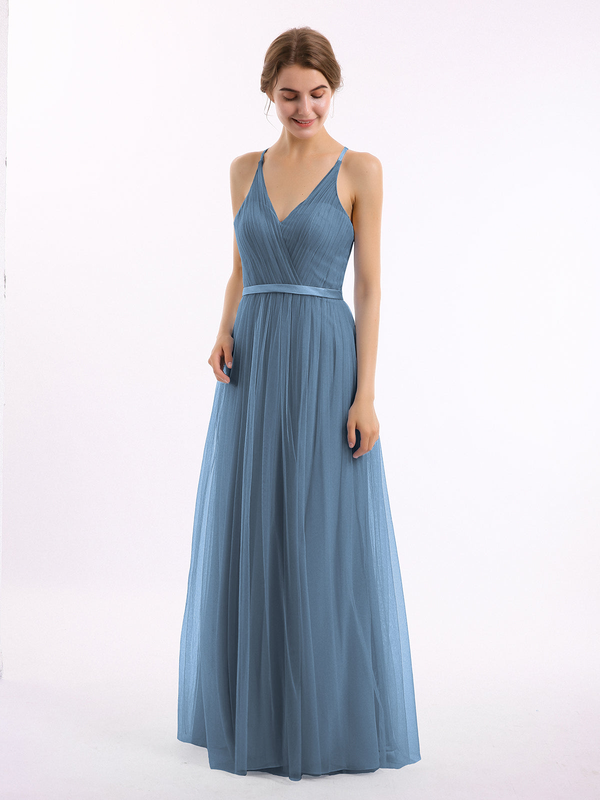 BABARONI BABARONI Tulle Slate Blue Bridesmaid Dresses V-neck Floor-length Backless Sleeveless Ruffle A-line, Slate Blue / US0 BABARONI BABARONI Tulle Slate Blue Bridesmaid Dresses V-neck Floor-length Backless Sleeveless Ruffle A-line, Slate Blue / US0