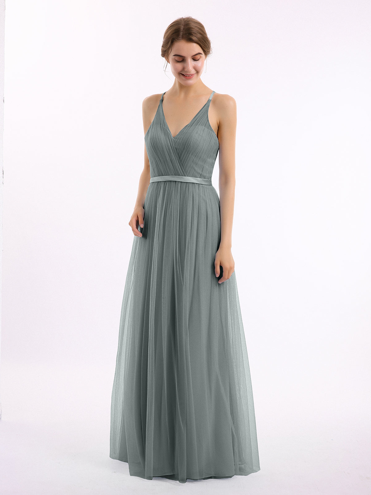 BABARONI V Neck Tulle Long Dresses with Satin Sash Steel Grey Plus Size, Steel Grey / US18 BABARONI V Neck Tulle Long Dresses with Satin Sash Steel Grey Plus Size, Steel Grey / US18