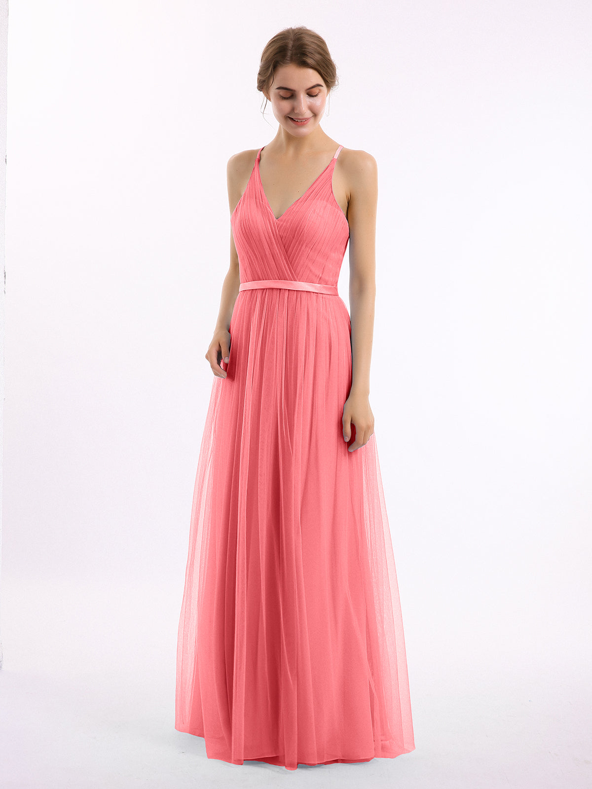 V neck Chiffon Long Dresses with Straps Watermelon Plus Size main image 1