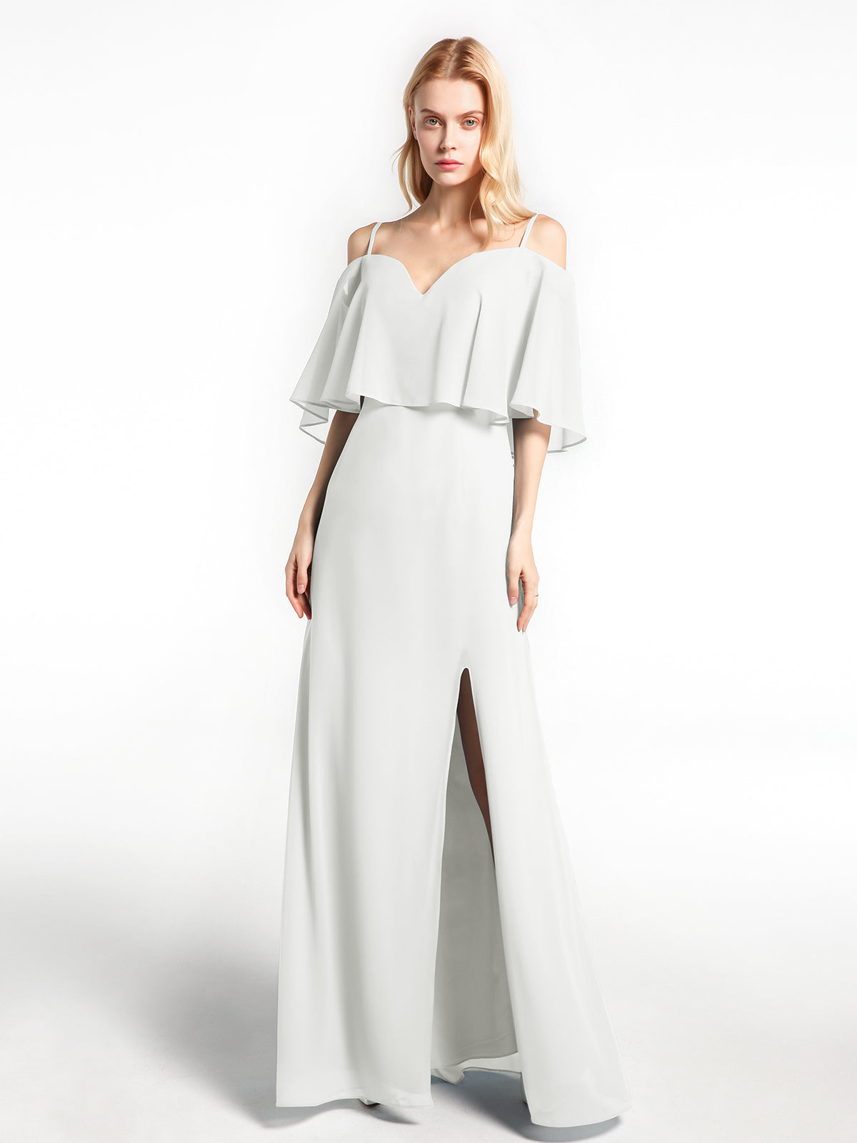 Cold-Shoulder Ruffled Dress with Flounce Overlay Dusty Blue