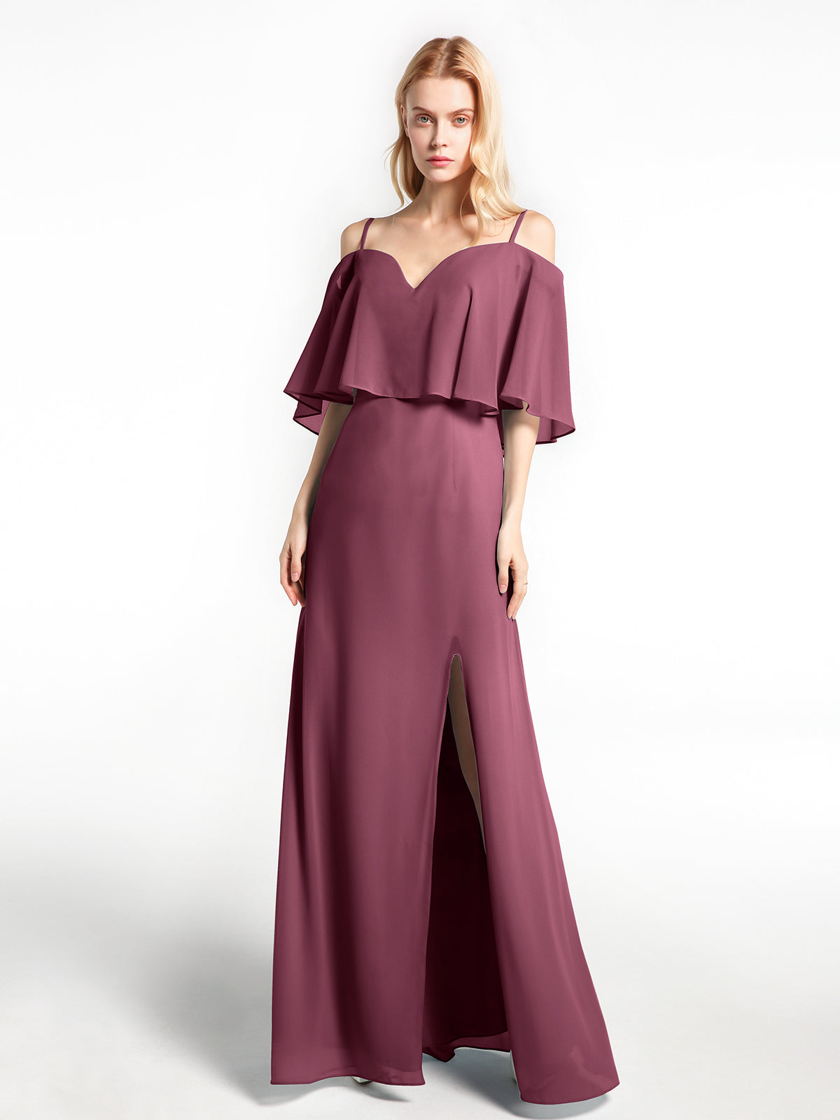 BABARONI Ruffled Cold Shoulder Maxi Dress with Flounce Overlay Mulberry, Mulberry / US0