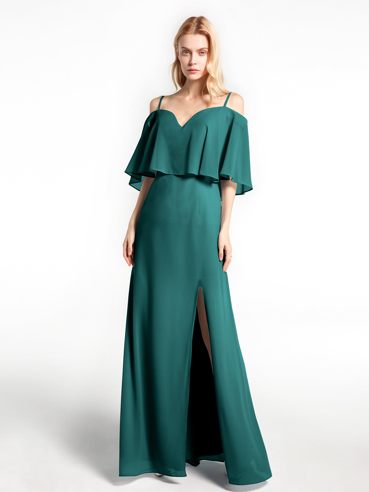 BABARONI Ruffled Cold Shoulder Maxi Dress with Flounce Overlay Peacock, Peacock / US0