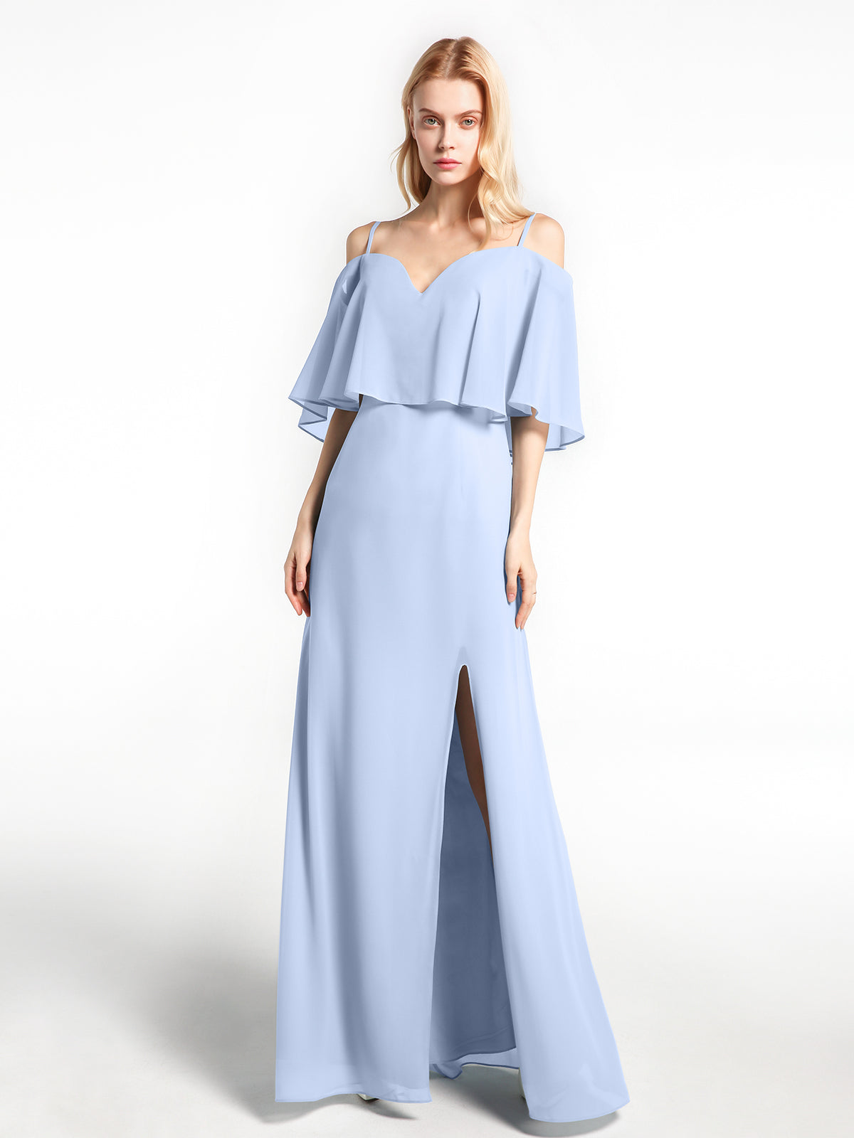 Fashion Sky Blue Ruffled Silk Maxi Dresses Summer SD1099