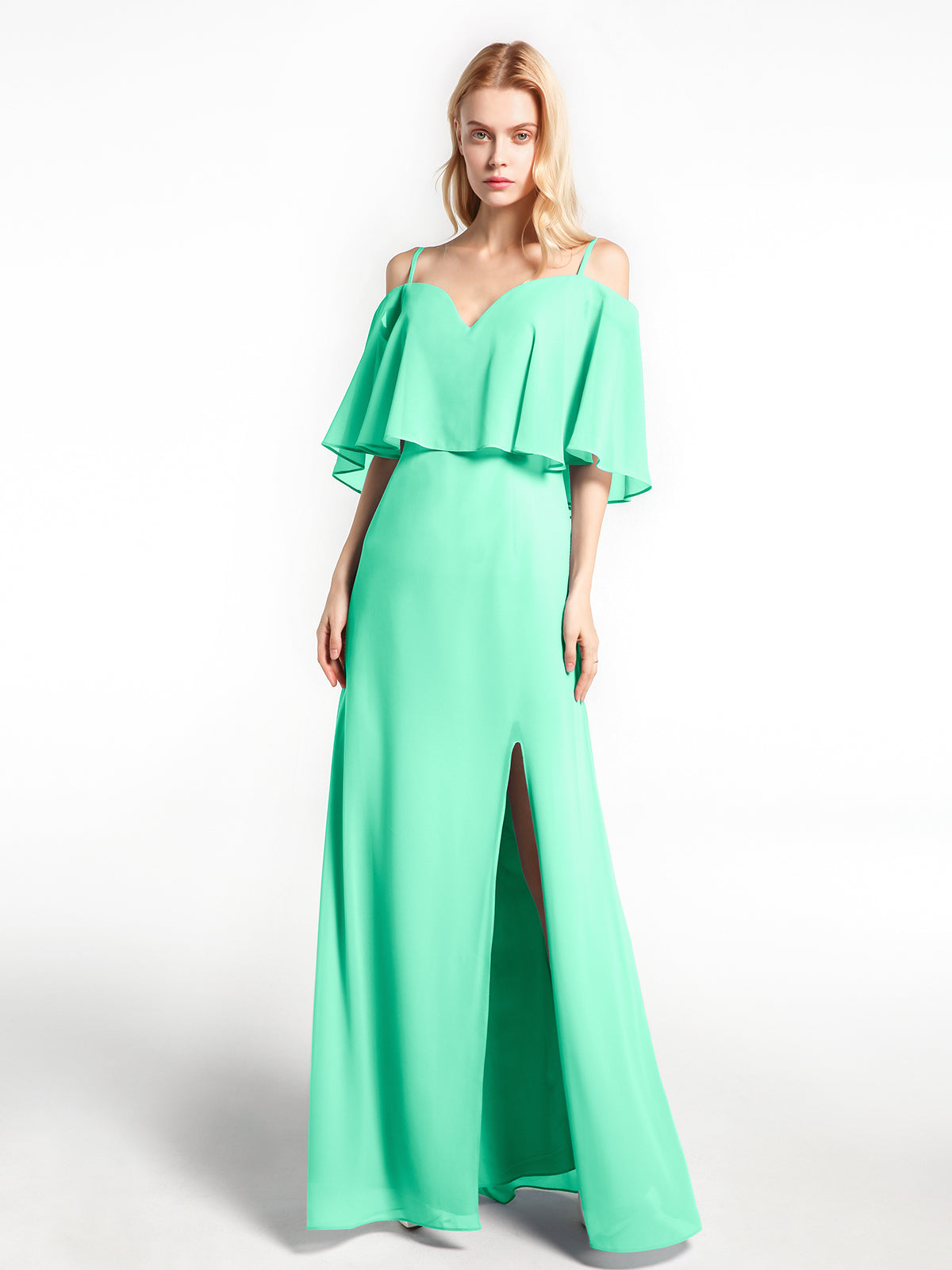 BABARONI Ruffled Cold Shoulder Maxi Dress with Flounce Overlay Turquoise, Turquoise / US0
