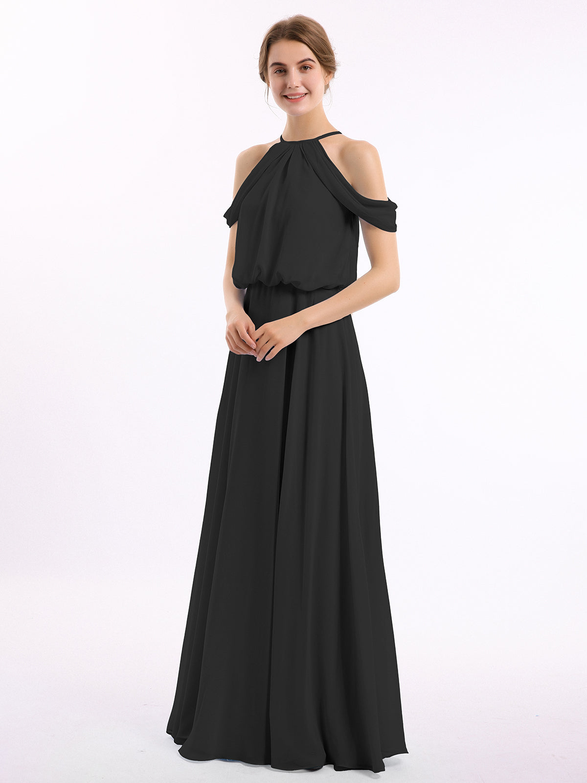 bare shoulders chiffon dress BABARONI Black Bridesmaid Dresses Off-the-shoulder Floor-length Short Ruched A-line, Black / US0 Creates a clean Color:Ivory/Light Rust embroidered 15 gowns Ethnic Patterned Halter Neck