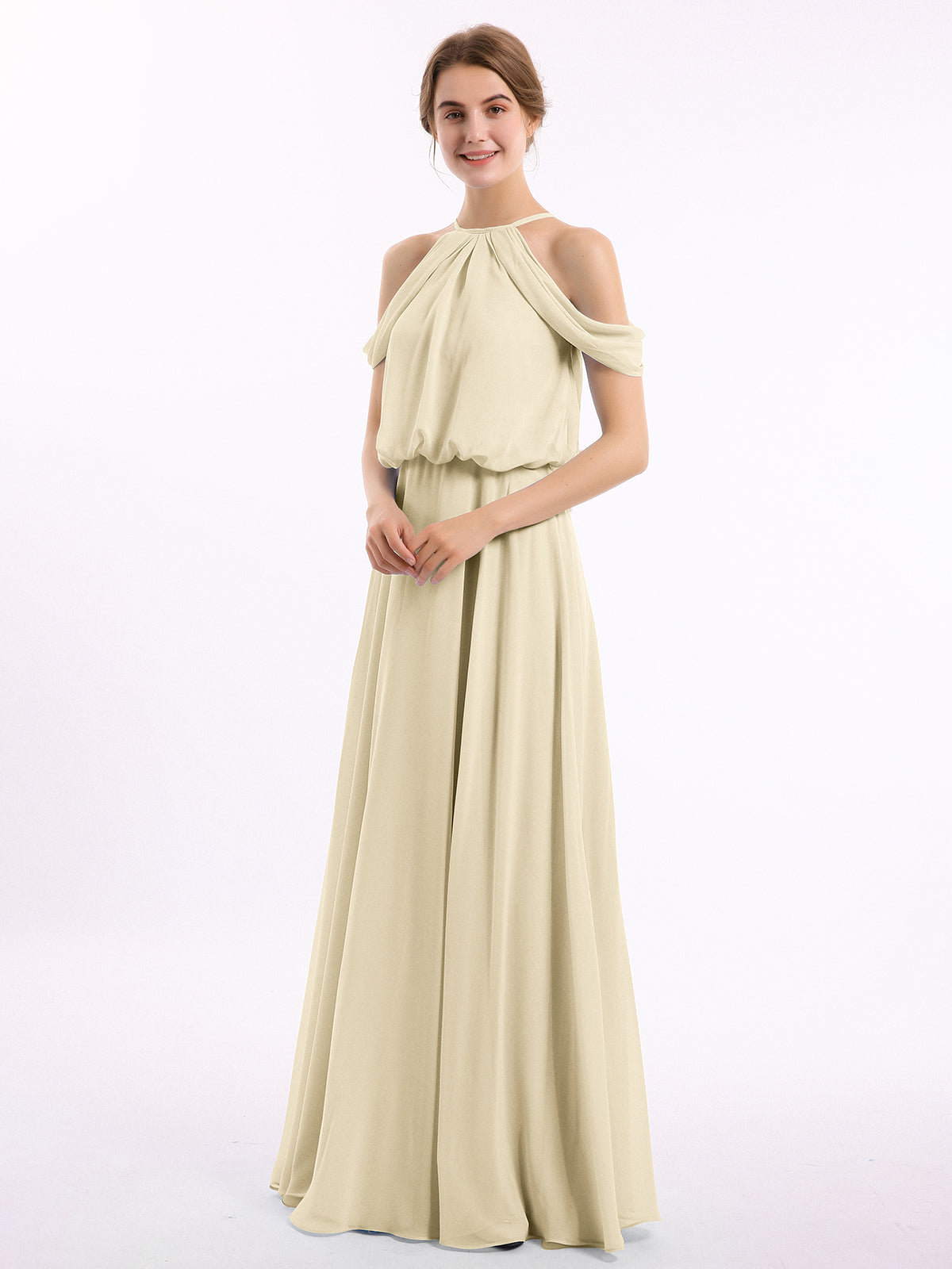 Off-Shoulder Halter Chiffon Dress with Blouson Bodice Tahiti Plus Size