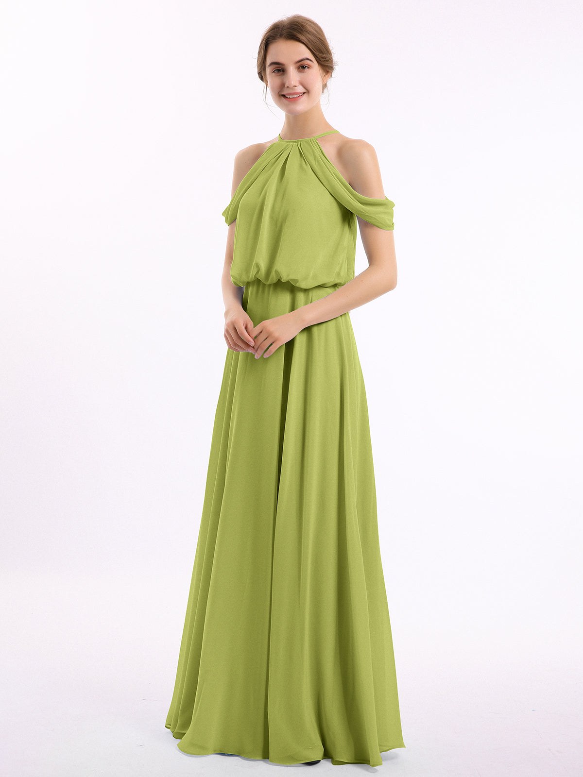 Off-Shoulder Halter Chiffon Dress with Blouson Bodice Mist