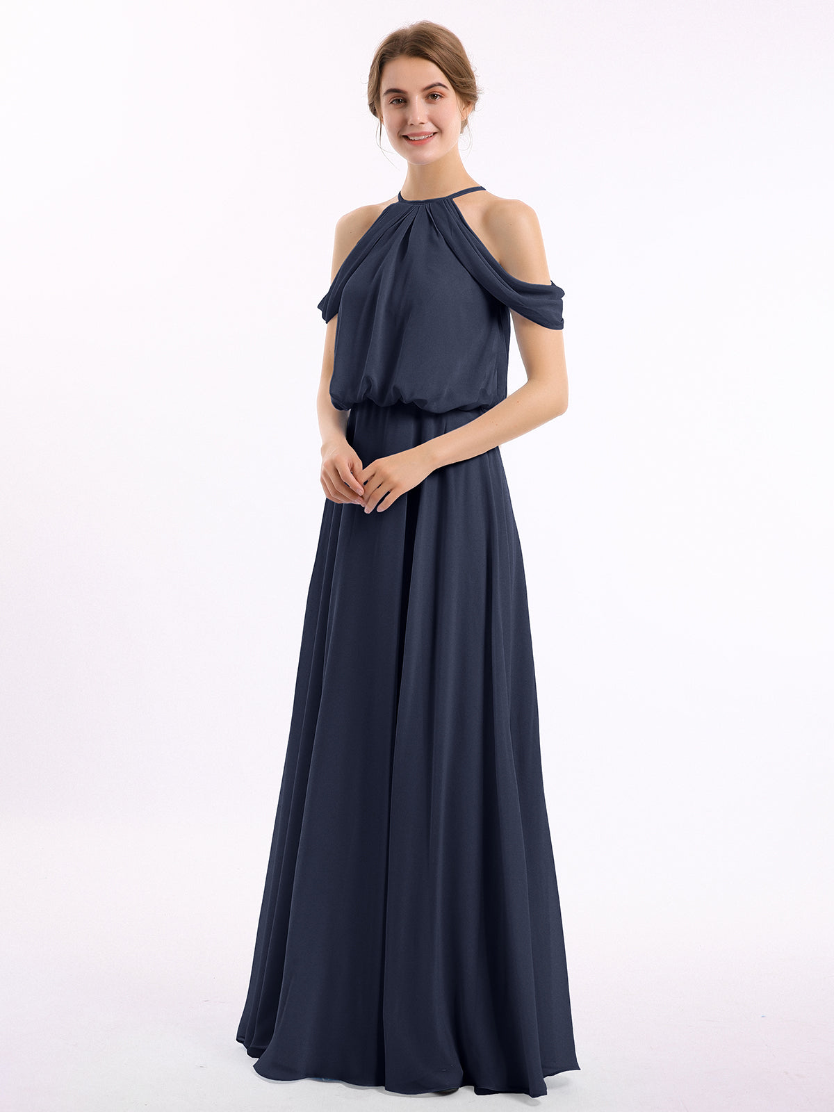 Off-Shoulder Halter Chiffon Dress with Blouson Bodice Black