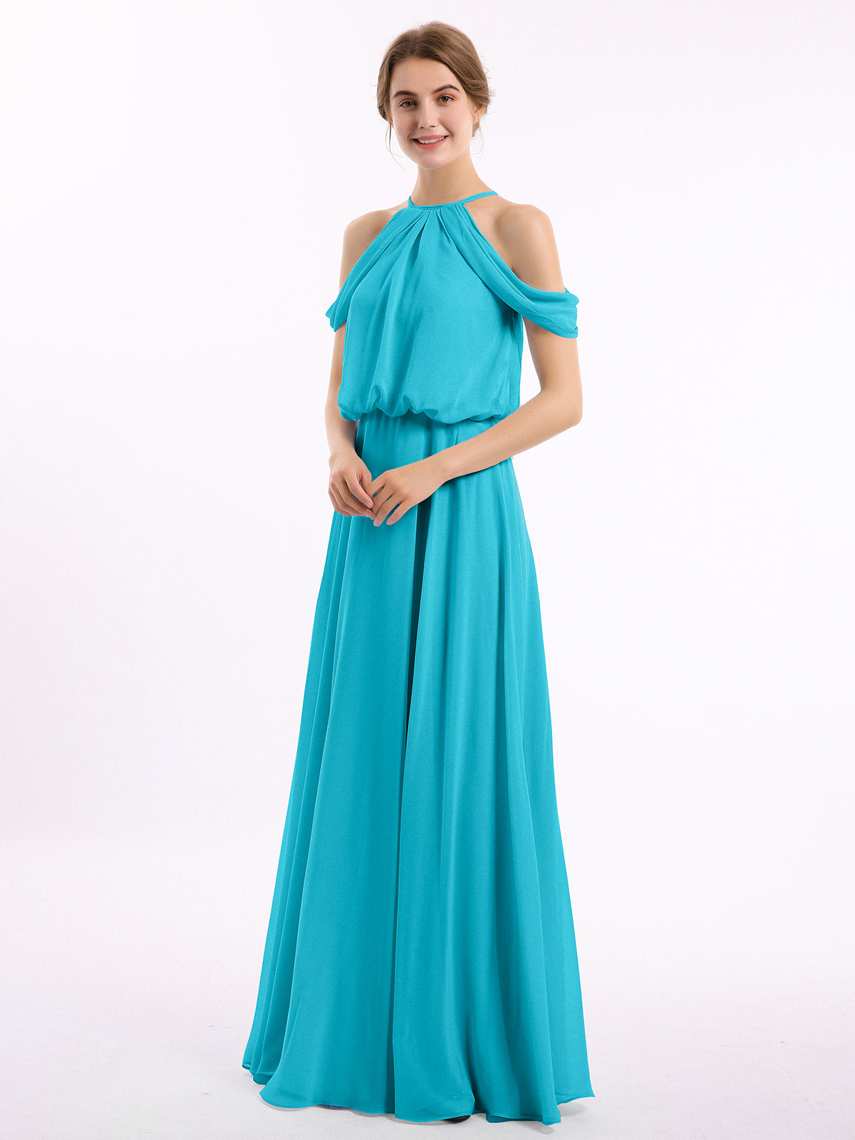 Off-Shoulder Halter Chiffon Dress with Blouson Bodice Blue