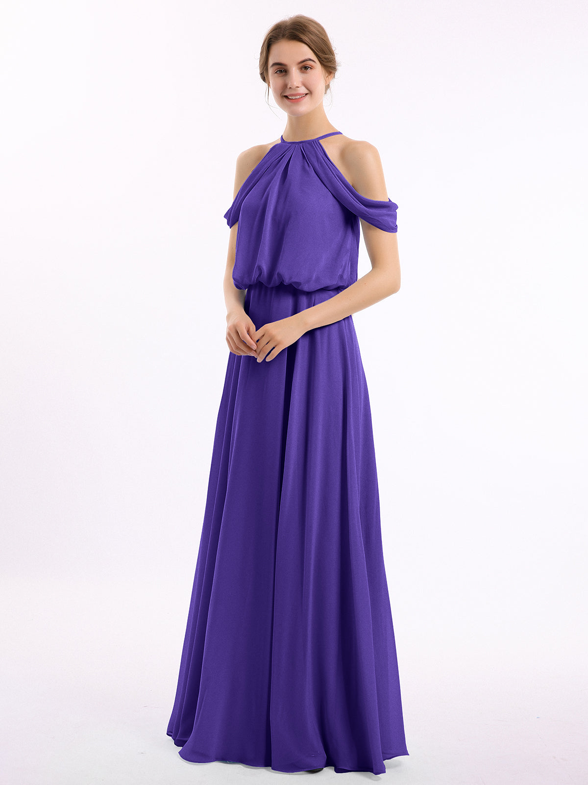 Off-Shoulder Halter Chiffon Dress with Blouson Bodice Papaya