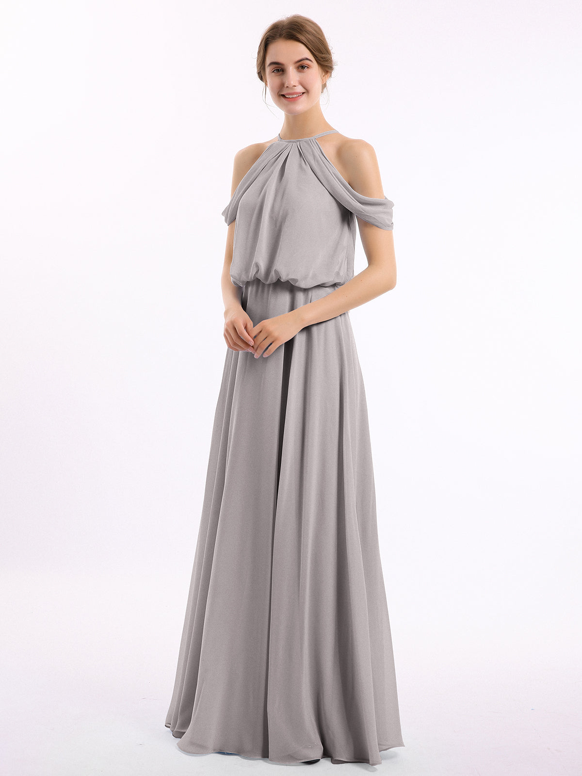 Off-Shoulder Halter Chiffon Dress with Blouson Bodice Taupe
