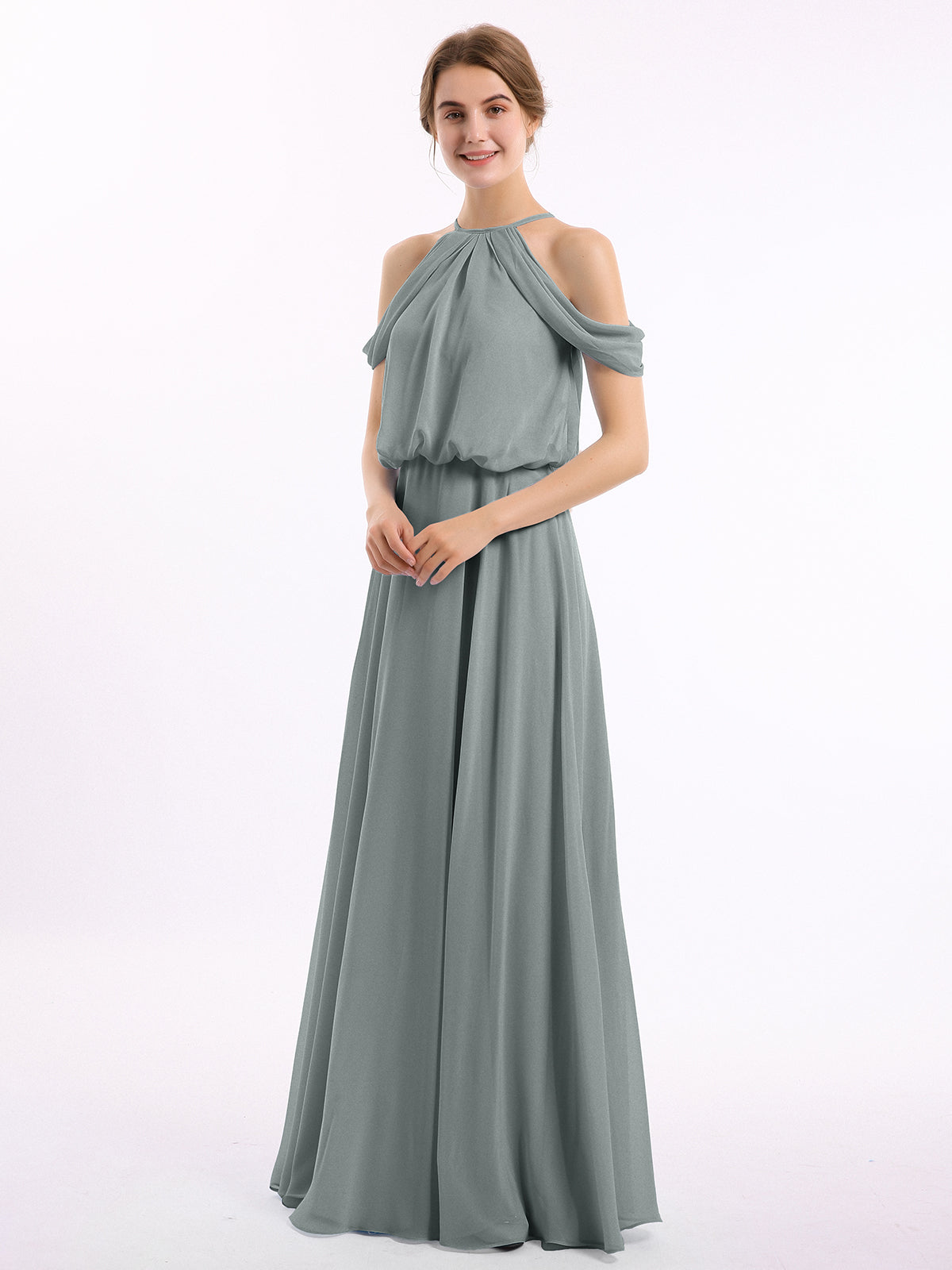 Off-Shoulder Halter Chiffon Dress with Blouson Bodice Brown
