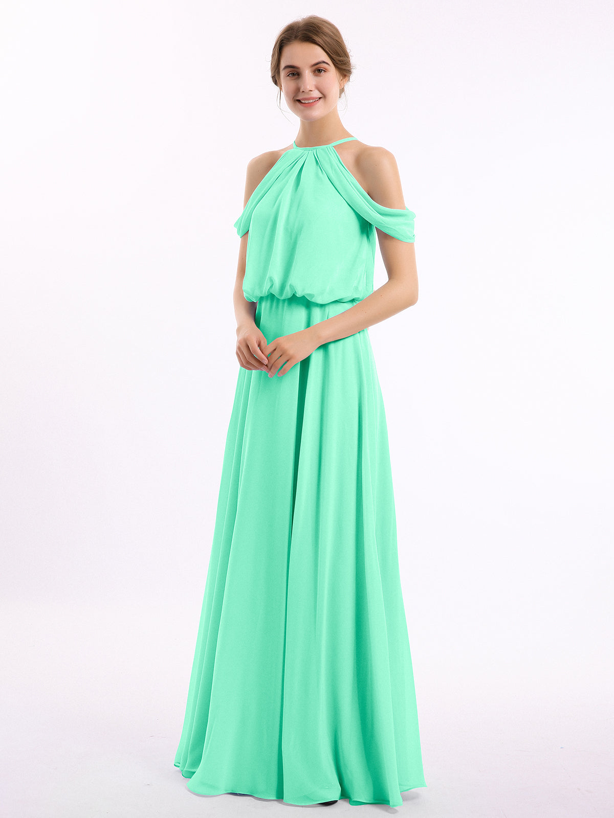 Off-Shoulder Halter Chiffon Dress with Blouson Bodice Papaya Plus Size
