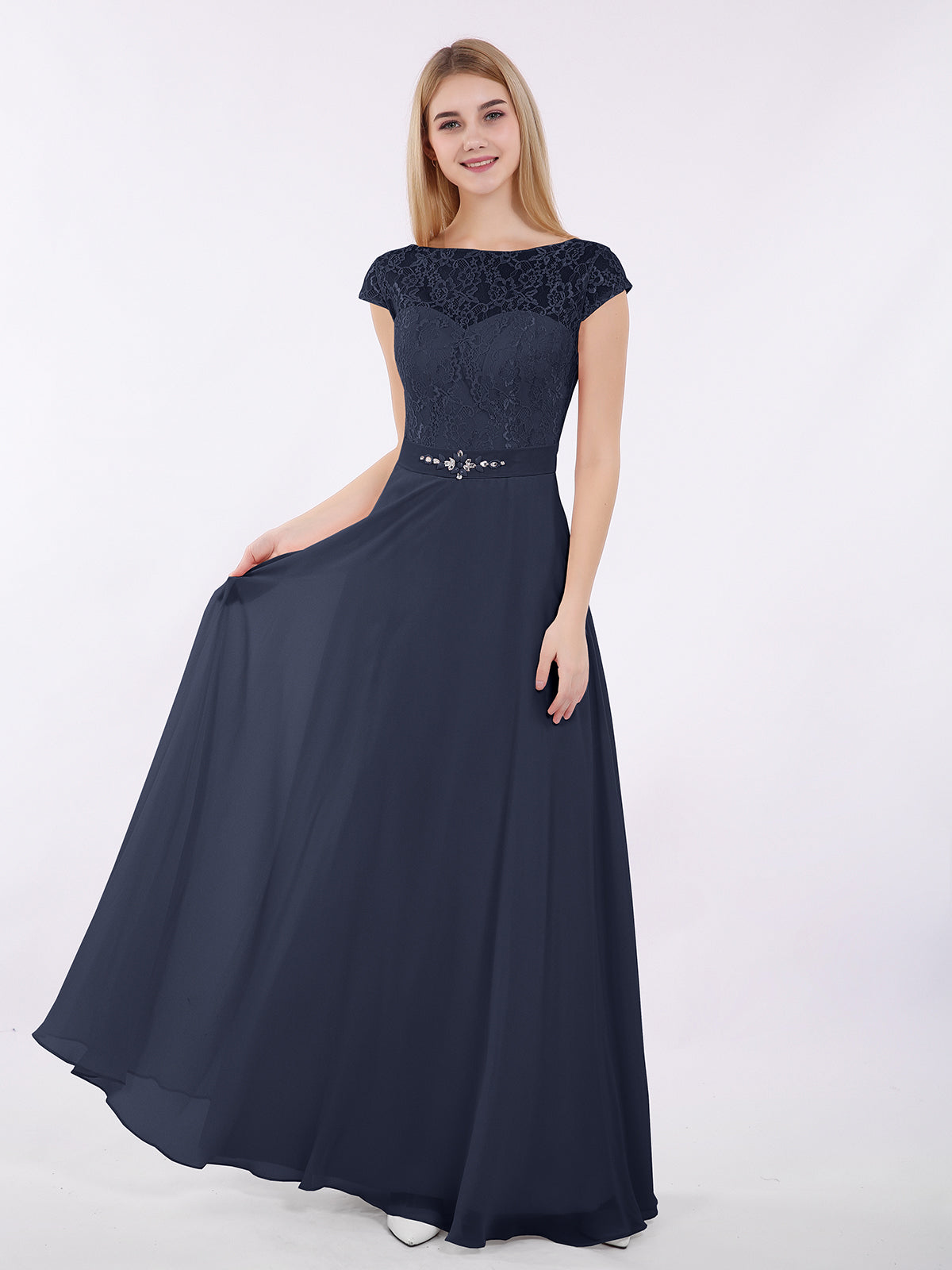 BABARONI Cap Sleeves Chiffon Dress with Sash Dark Navy, Dark Navy / US0 BABARONI Cap Sleeves Chiffon Dress with Sash Dark Navy, Dark Navy / US0