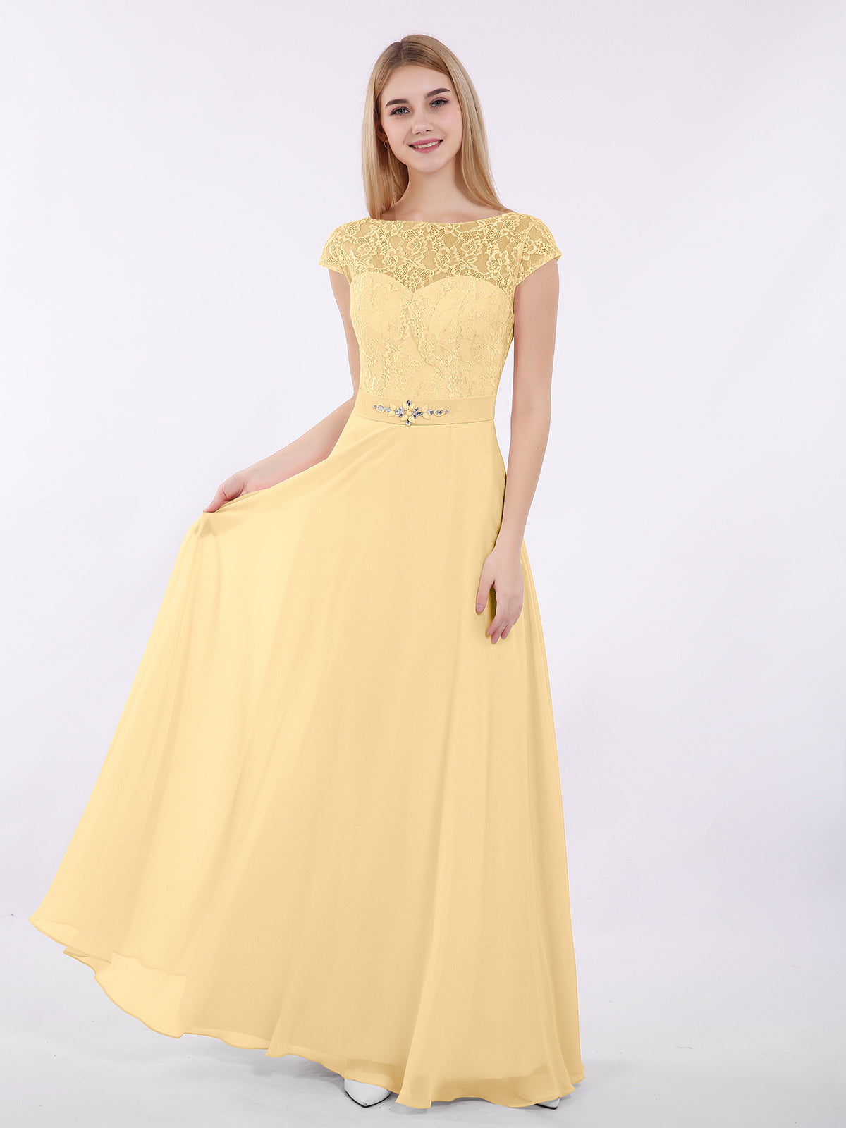 BABARONI Cap Sleeves Chiffon Dress with Sash Gold, Gold / US0