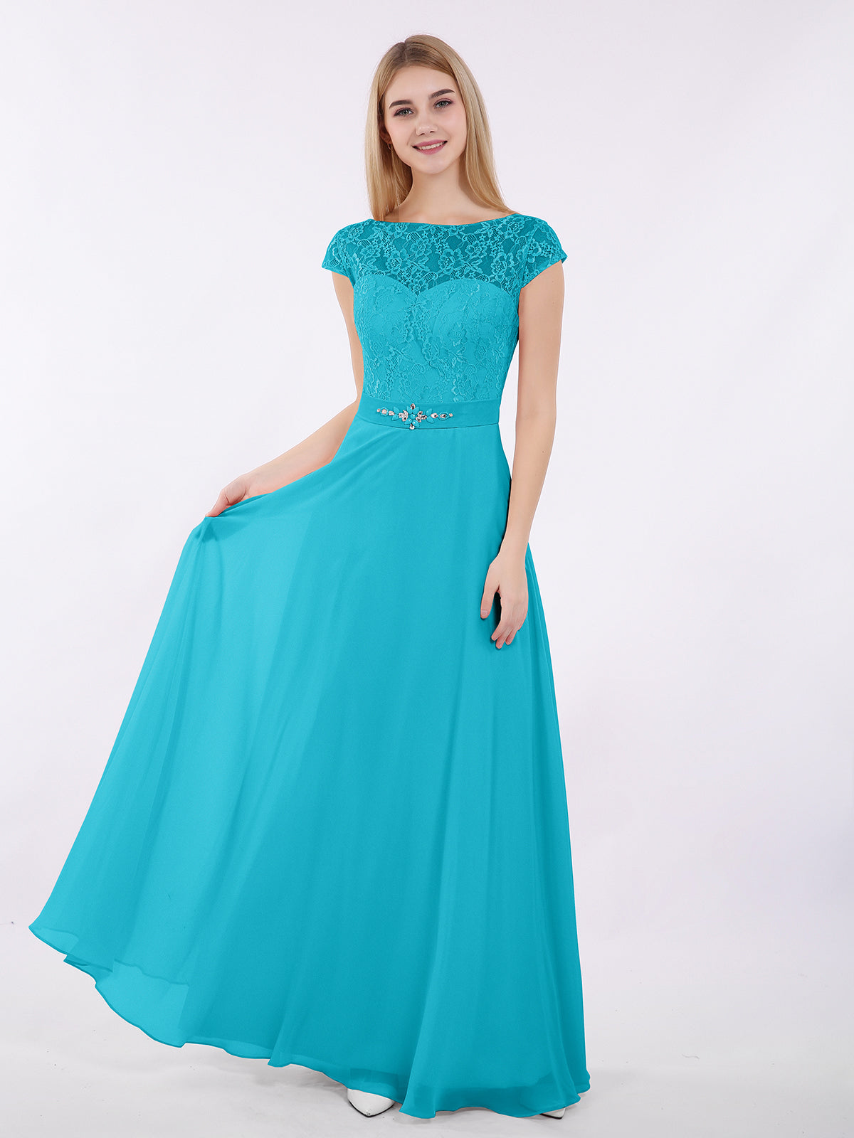 BABARONI Chiffon Jade Bridesmaid Dresses Bateau Floor-length Cap Sleeve Beaded A-line, Jade / US18