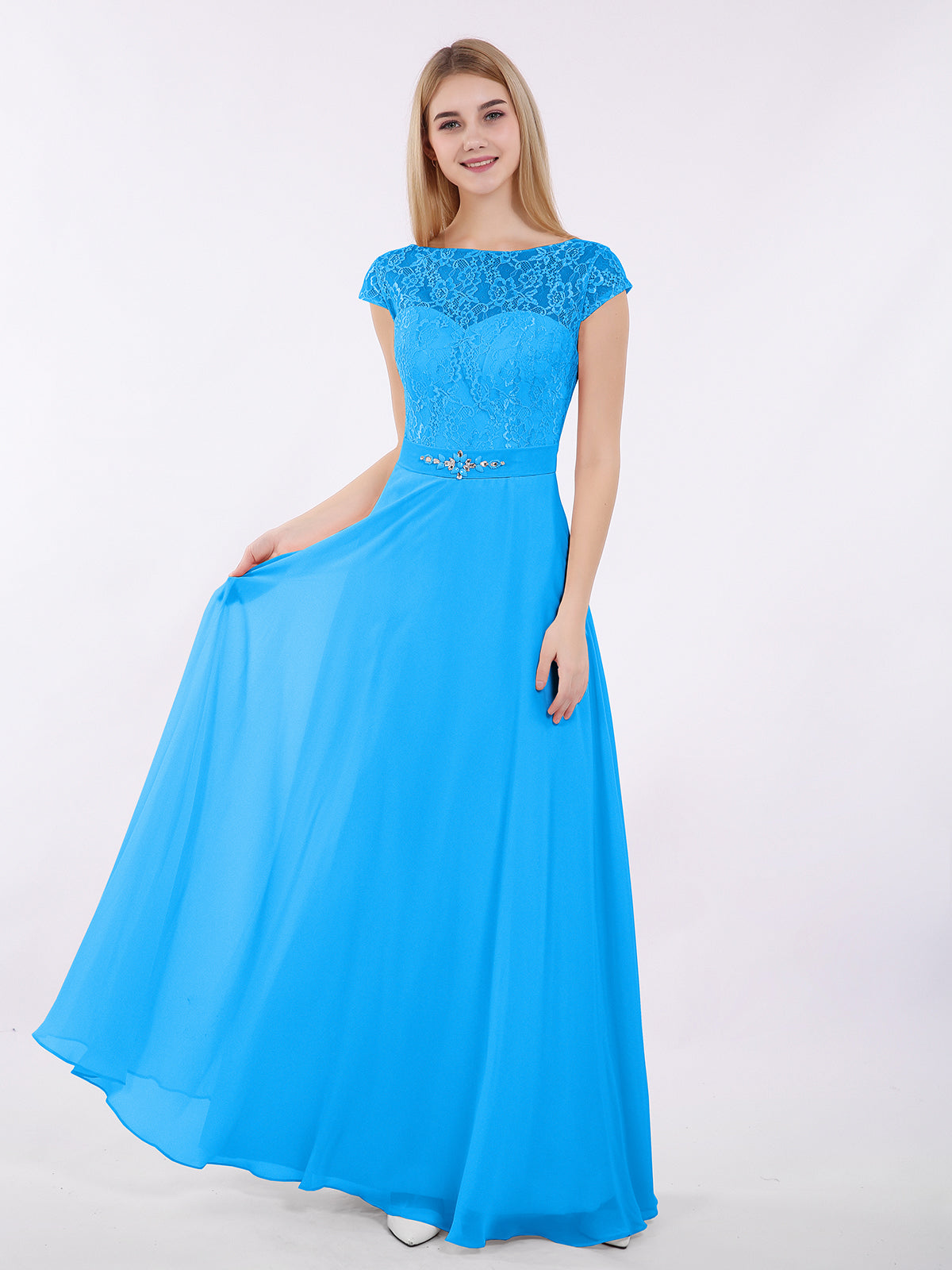 BABARONI Cap Sleeves Chiffon Dress with Sash Ocean Blue Plus Size, Ocean Blue / US18 BABARONI Cap Sleeves Chiffon Dress with Sash Ocean Blue Plus Size, Ocean Blue / US18