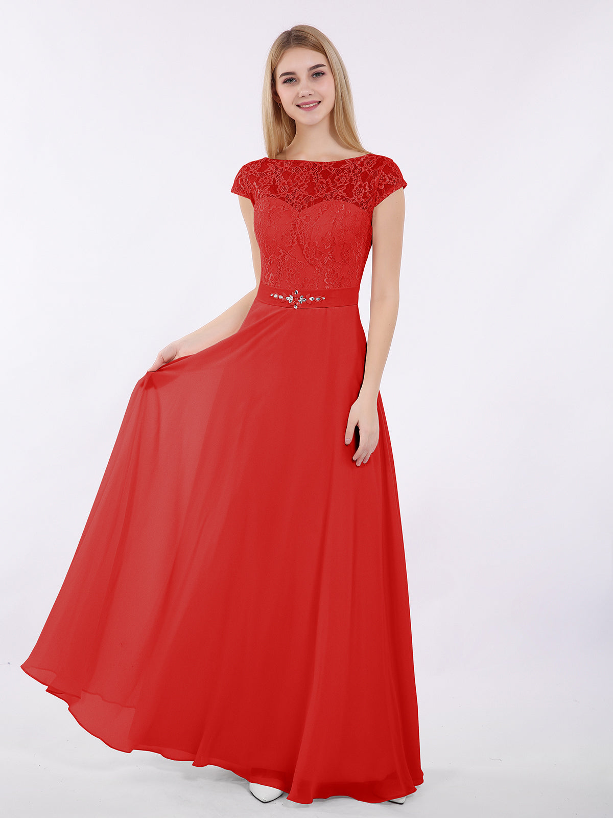 BABARONI Cap Sleeves Chiffon Dress with Sash Red, Red / US0