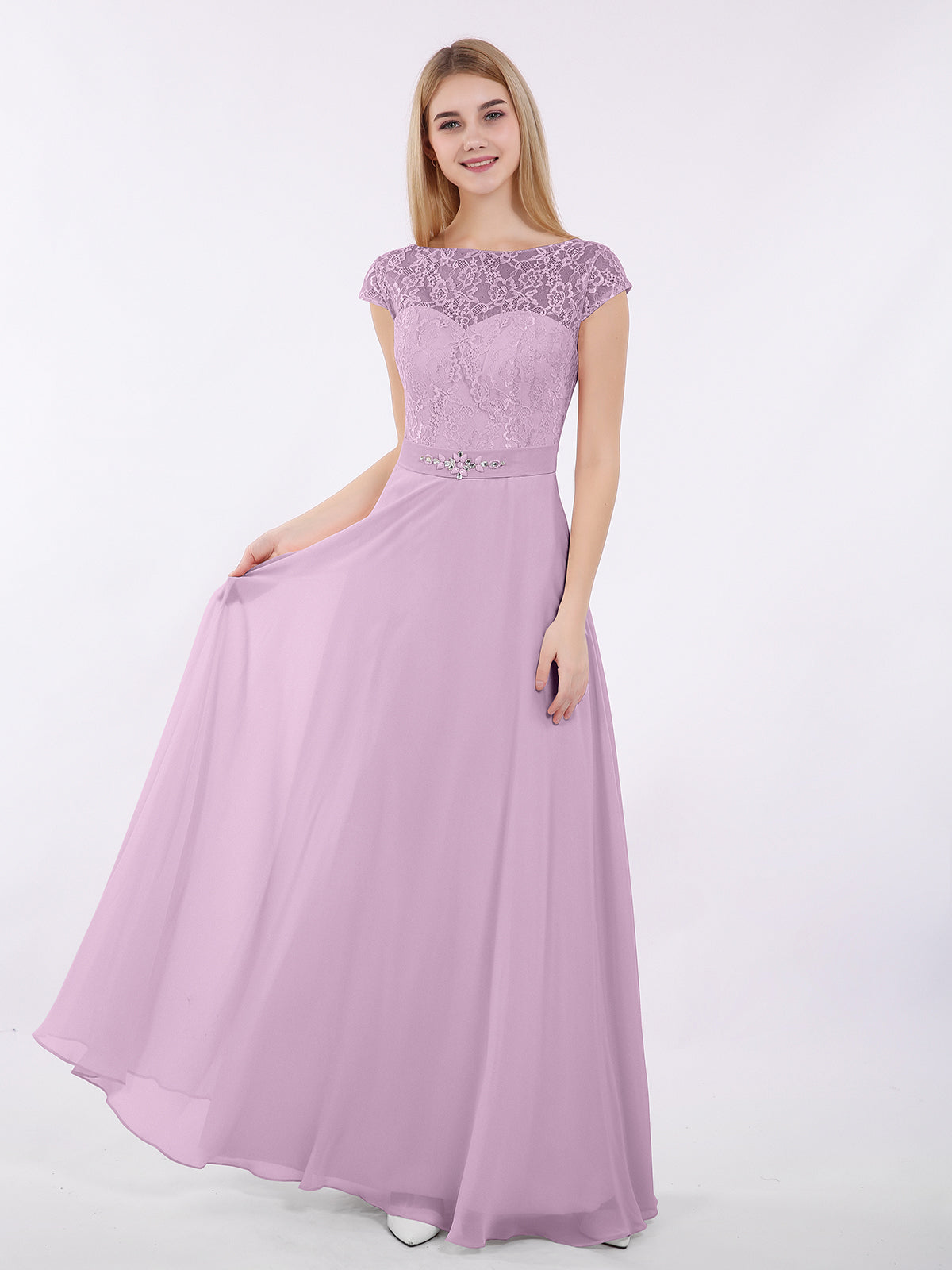 elsa bridesmaid dress BABARONI Cap Sleeves Chiffon Dress with Sash Wisteria, Wisteria / US0