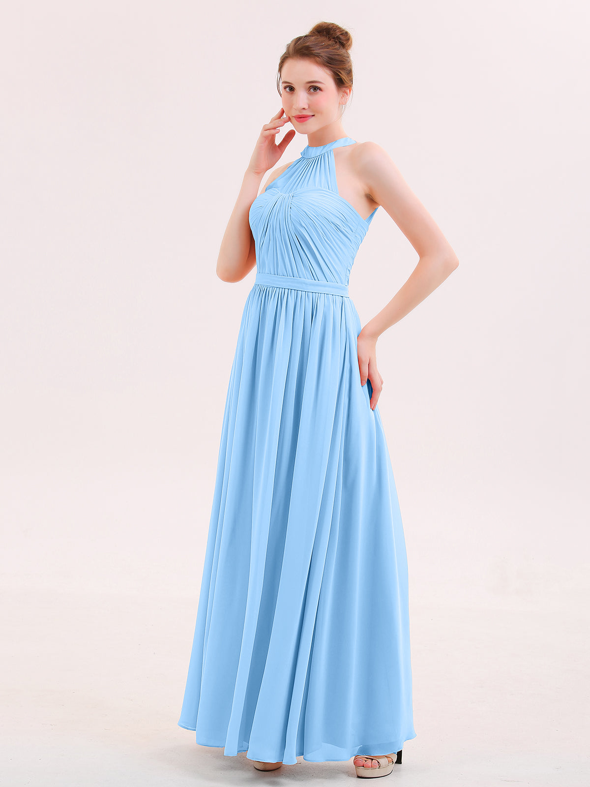 BABARONI Halter Chiffon Long Bridesmaid Gown with Belt Blue Plus Size, Blue / US18