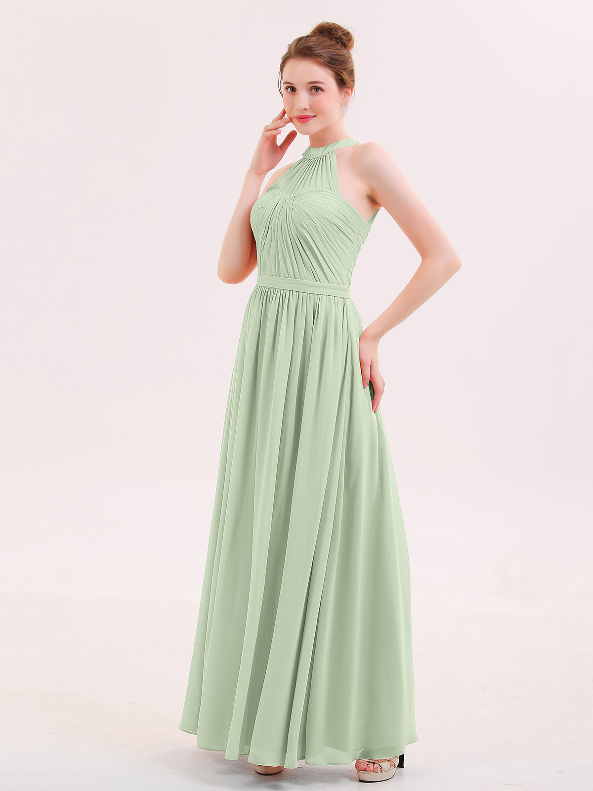 BABARONI Halter Chiffon Long Bridesmaid Gown with Belt Dusty Sage, Dusty Sage / US0 BABARONI Halter Chiffon Long Bridesmaid Gown with Belt Dusty Sage, Dusty Sage / US0