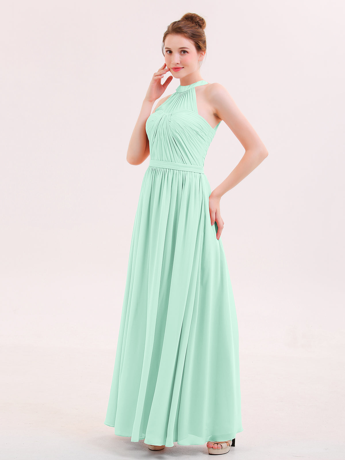 slim fit dress slacks BABARONI Halter Chiffon Long Bridesmaid Gown with Belt Mint Green Plus size, Mint Green / US18