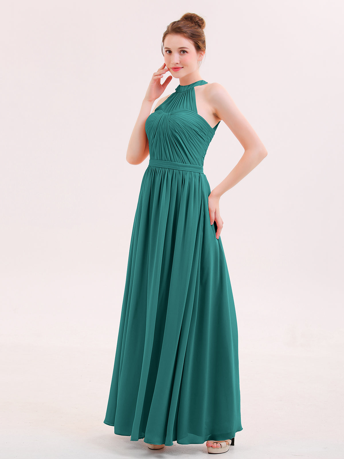 BABARONI Halter Chiffon Long Bridesmaid Gown with Belt Peacock, Peacock / US0