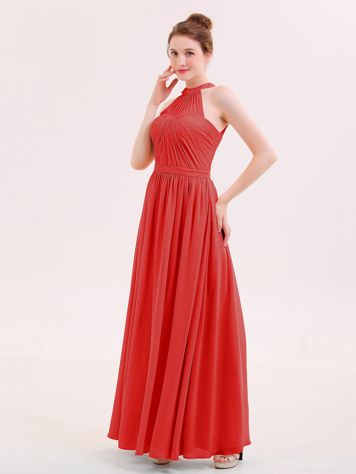 fitted lace wedding dress BABARONI Halter Chiffon Long Bridesmaid Gown with Belt Red, Red / US0