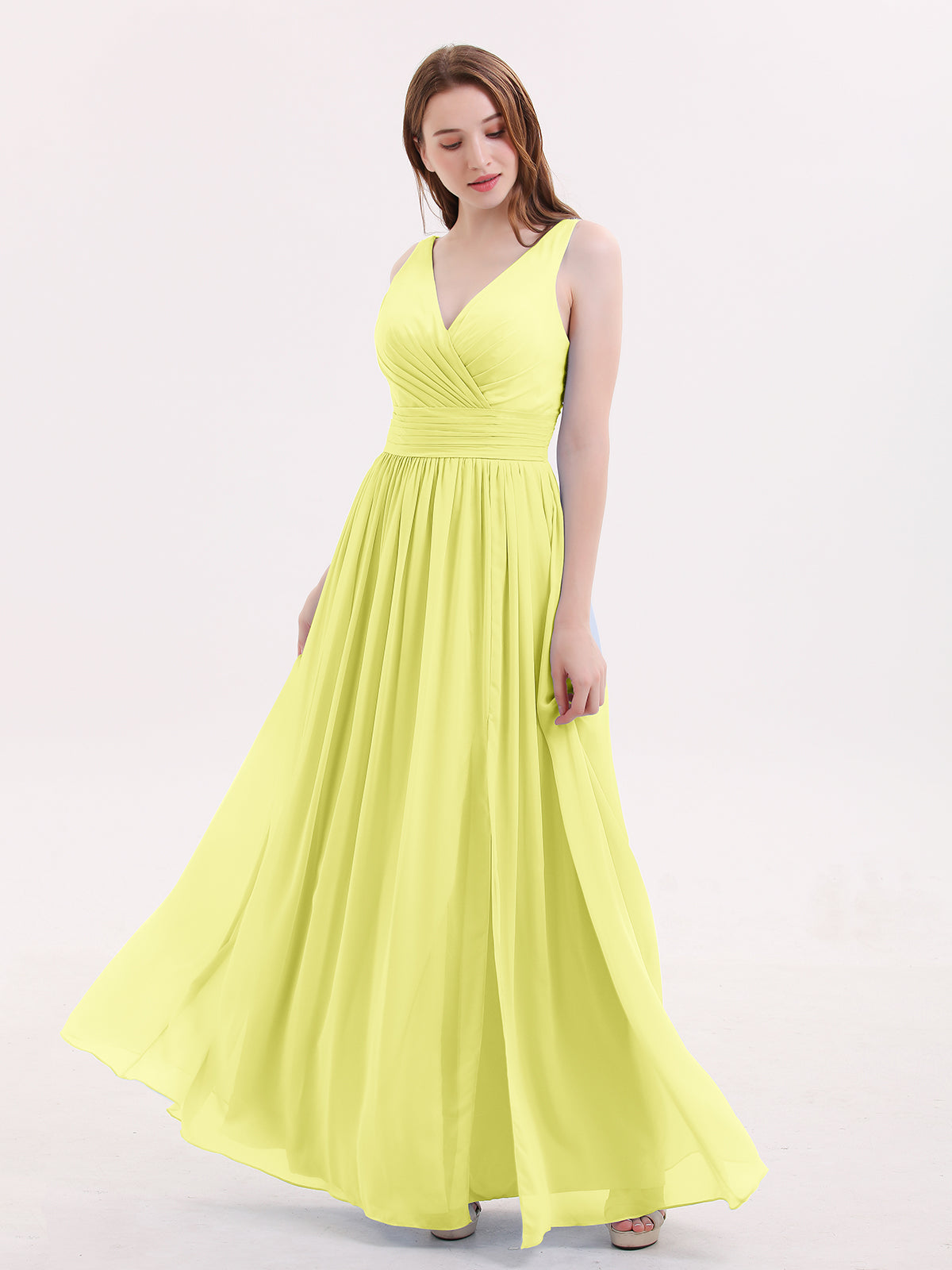 BABARONI Double Beaded Strap Chiffon Dress with V Neck Daffodil, Daffodil / US0 BABARONI Double Beaded Strap Chiffon Dress with V Neck Daffodil, Daffodil / US0