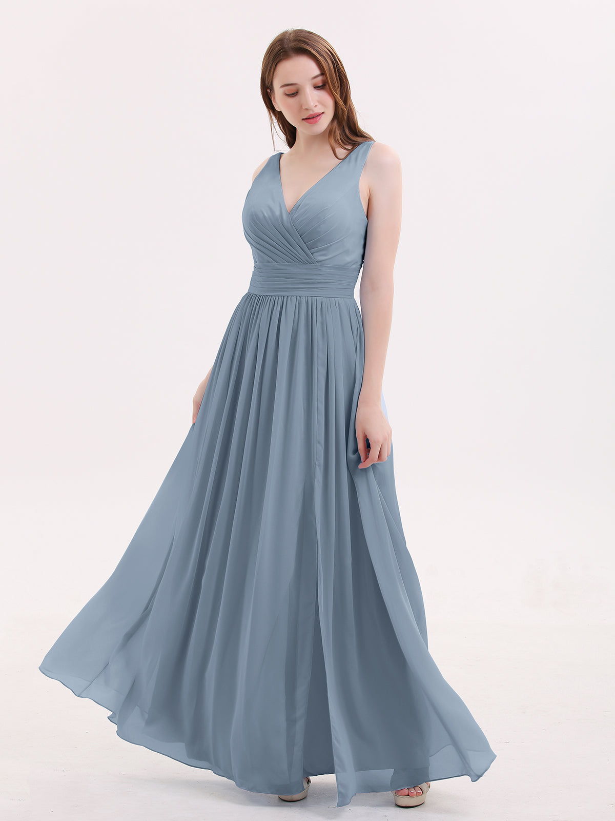 BABARONI Chiffon Dusty Blue Bridesmaid Dresses V-neck Floor-length Sleeveless Beaded A-line BABARONI Chiffon Dusty Blue Bridesmaid Dresses V-neck Floor-length Sleeveless Beaded A-line