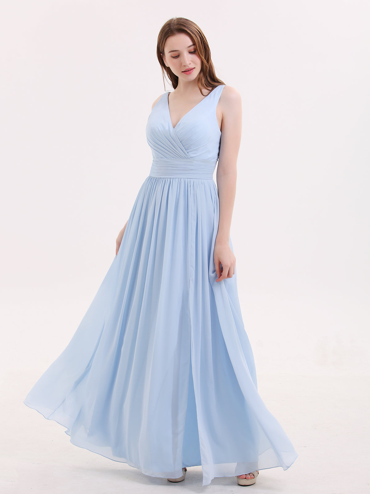 Double Beaded Strap Chiffon Dress with V Neck Sky Blue Plus Size  BABARONI