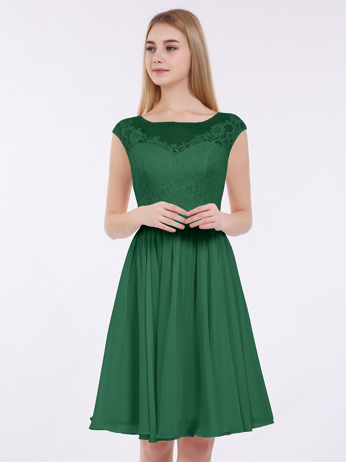 BABARONI Chiffon and Lace Short Bridesmaid Gown Dark Green, Dark Green / US0 BABARONI Chiffon and Lace Short Bridesmaid Gown Dark Green, Dark Green / US0