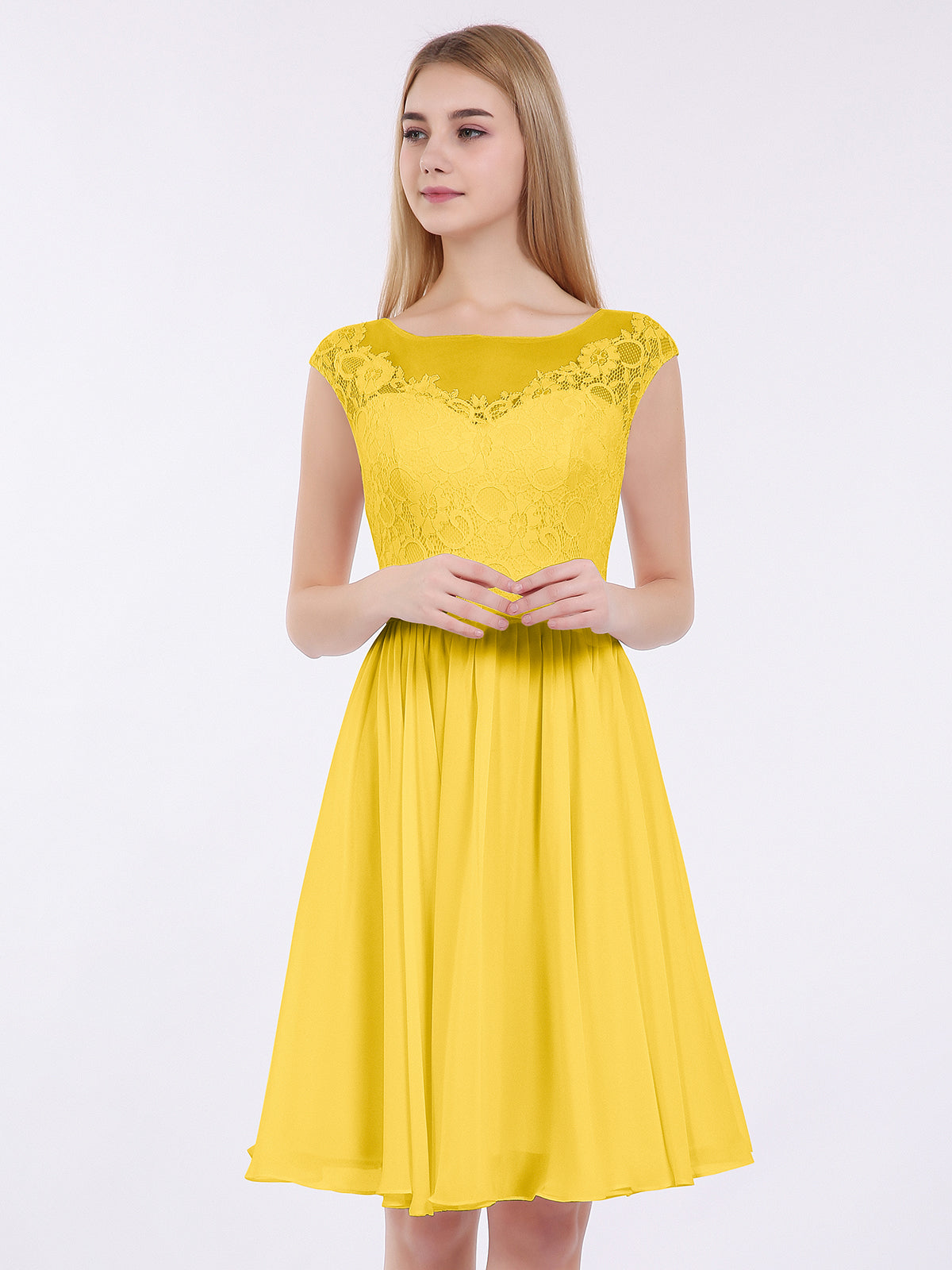 BABARONI Chiffon and Lace Short Bridesmaid Gown Marigold Plus size, Marigold / US18
