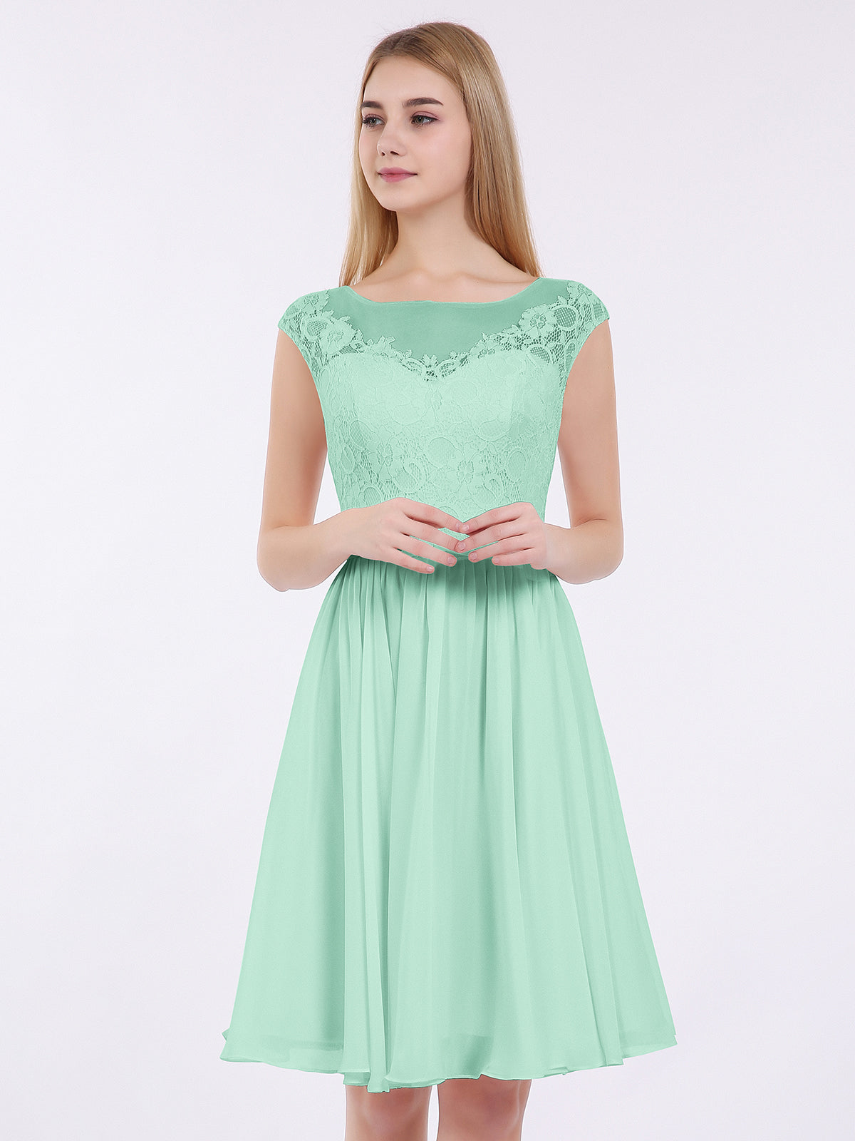 BABARONI Chiffon and Lace Short Bridesmaid Gown Mint Green Plus Size, Mint Green / US18 BABARONI Chiffon and Lace Short Bridesmaid Gown Mint Green Plus Size, Mint Green / US18