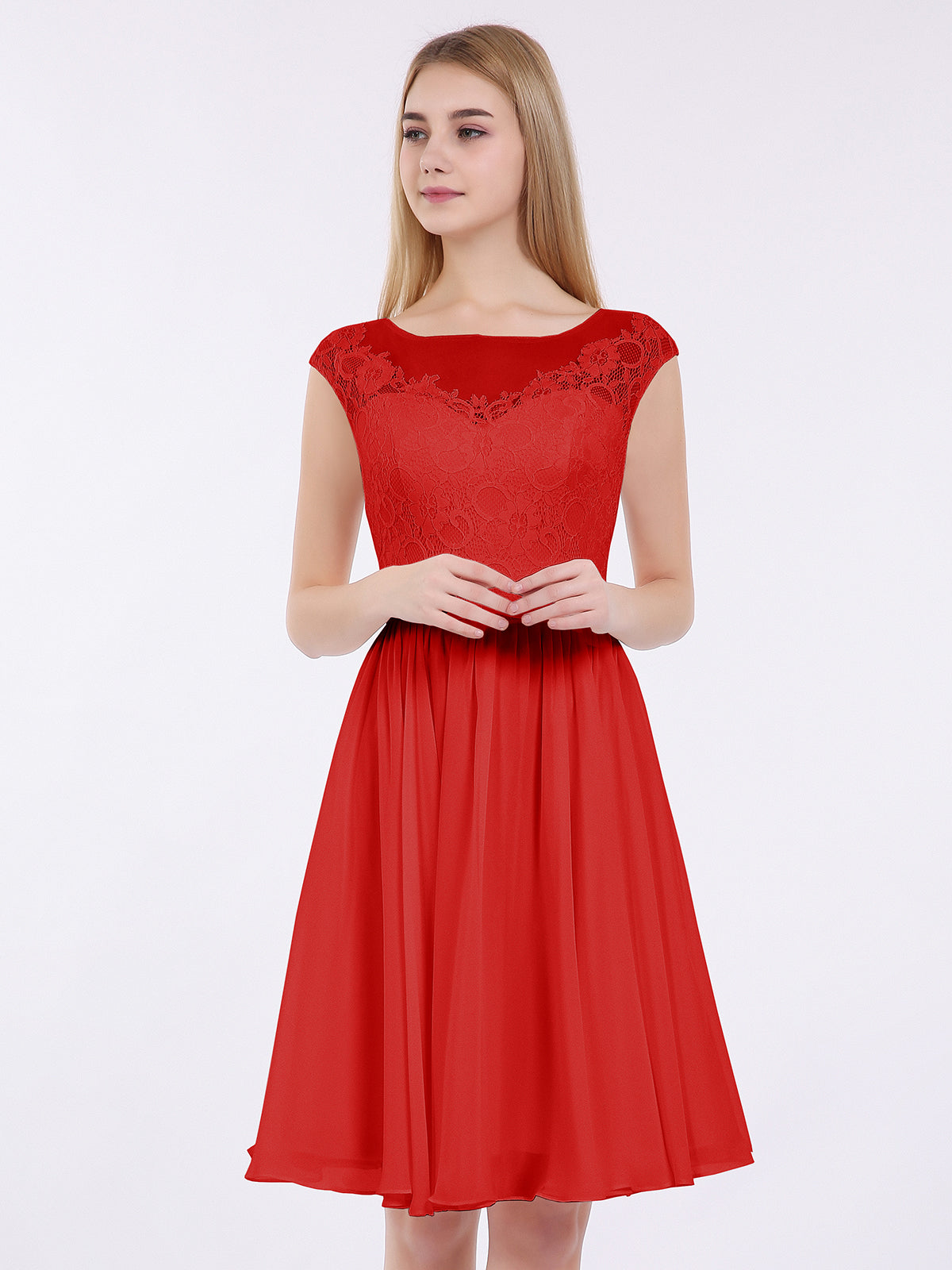 red knee length bridesmaid dresses BABARONI Chiffon and Lace Short Bridesmaid Gown Red, Red / US0
