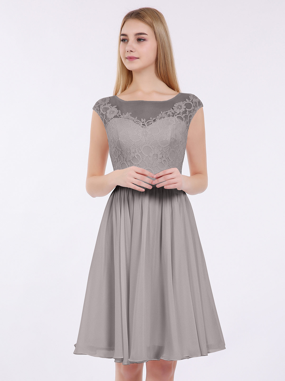 BABARONI Chiffon and Lace Short Bridesmaid Gown Silver, Silver / US0 BABARONI Chiffon and Lace Short Bridesmaid Gown Silver, Silver / US0