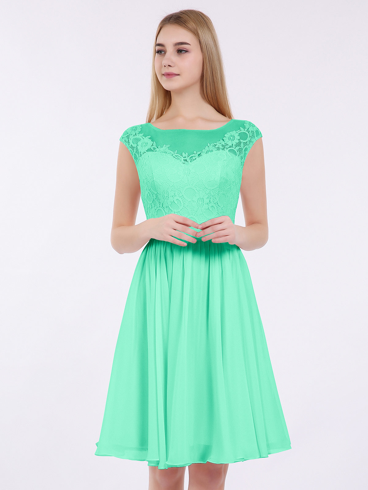 BABARONI Chiffon Turquoise Bridesmaid Dresses Illusion Short/Mini Sleeveless Lace A-line BABARONI Chiffon Turquoise Bridesmaid Dresses Illusion Short/Mini Sleeveless Lace A-line